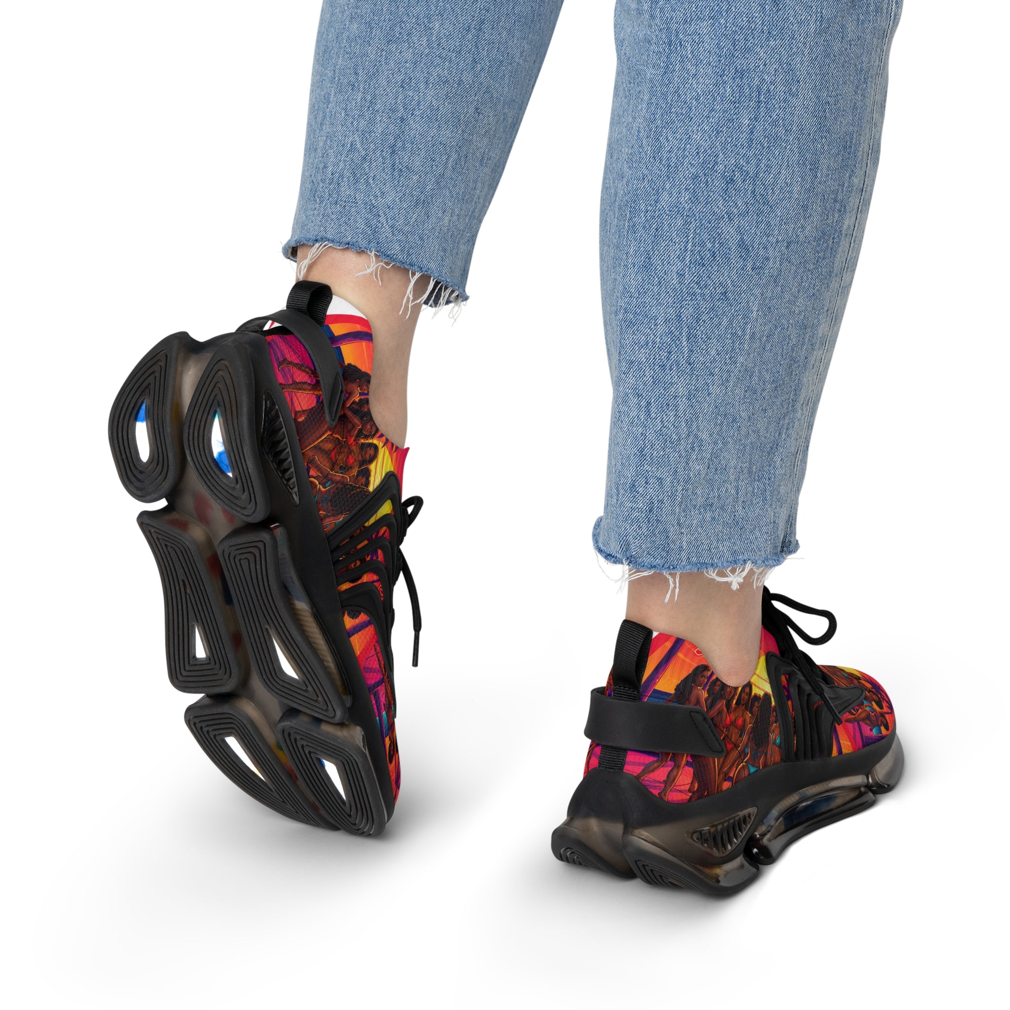 Women's Mesh Sneakers — Vibrant Sunset Beach Print Athletic Shoes