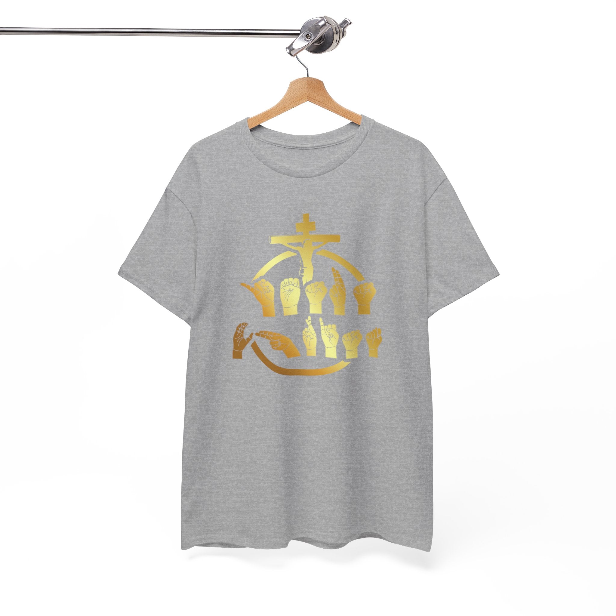 Christian Cross & Praying Hands T-Shirt — Gold Faith Design