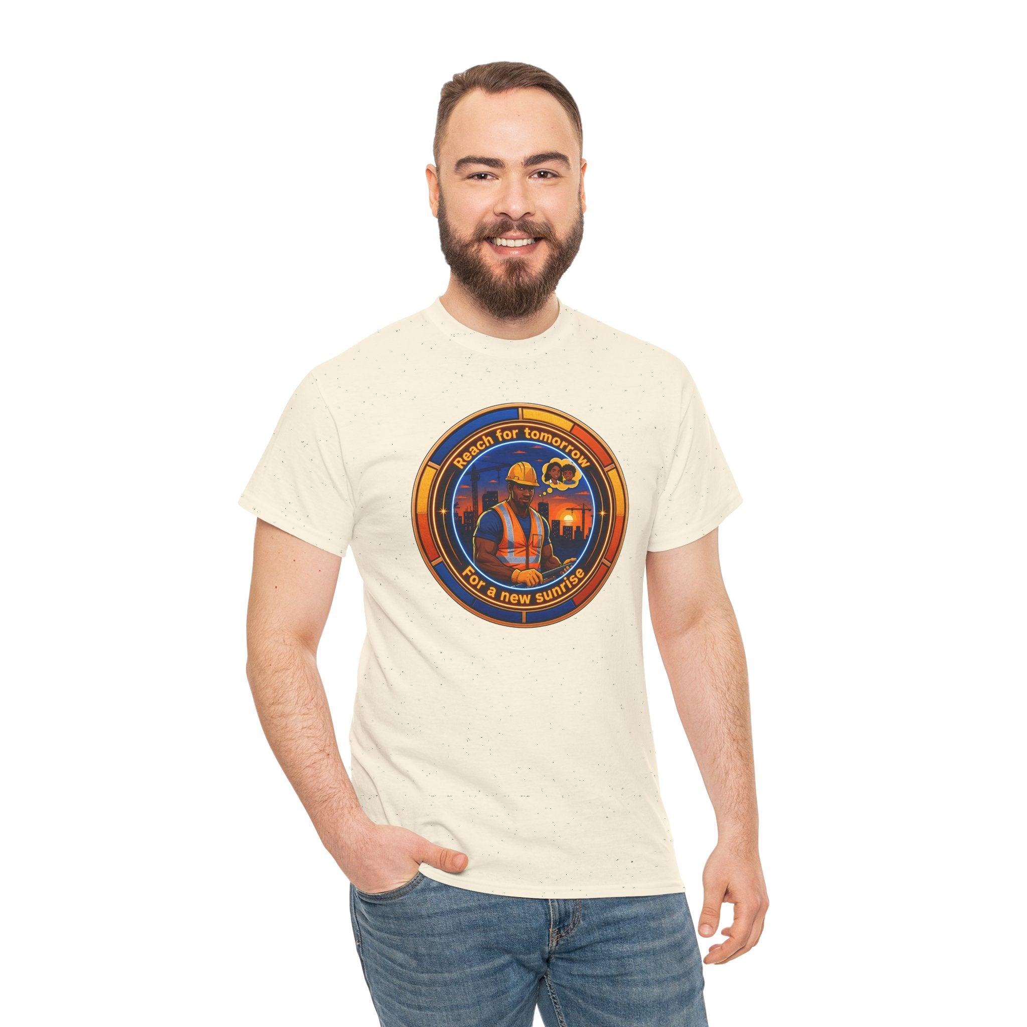 Construction Worker Sunset Tee — “Reach for Tomorrow ” Safety Crew T-Shirt