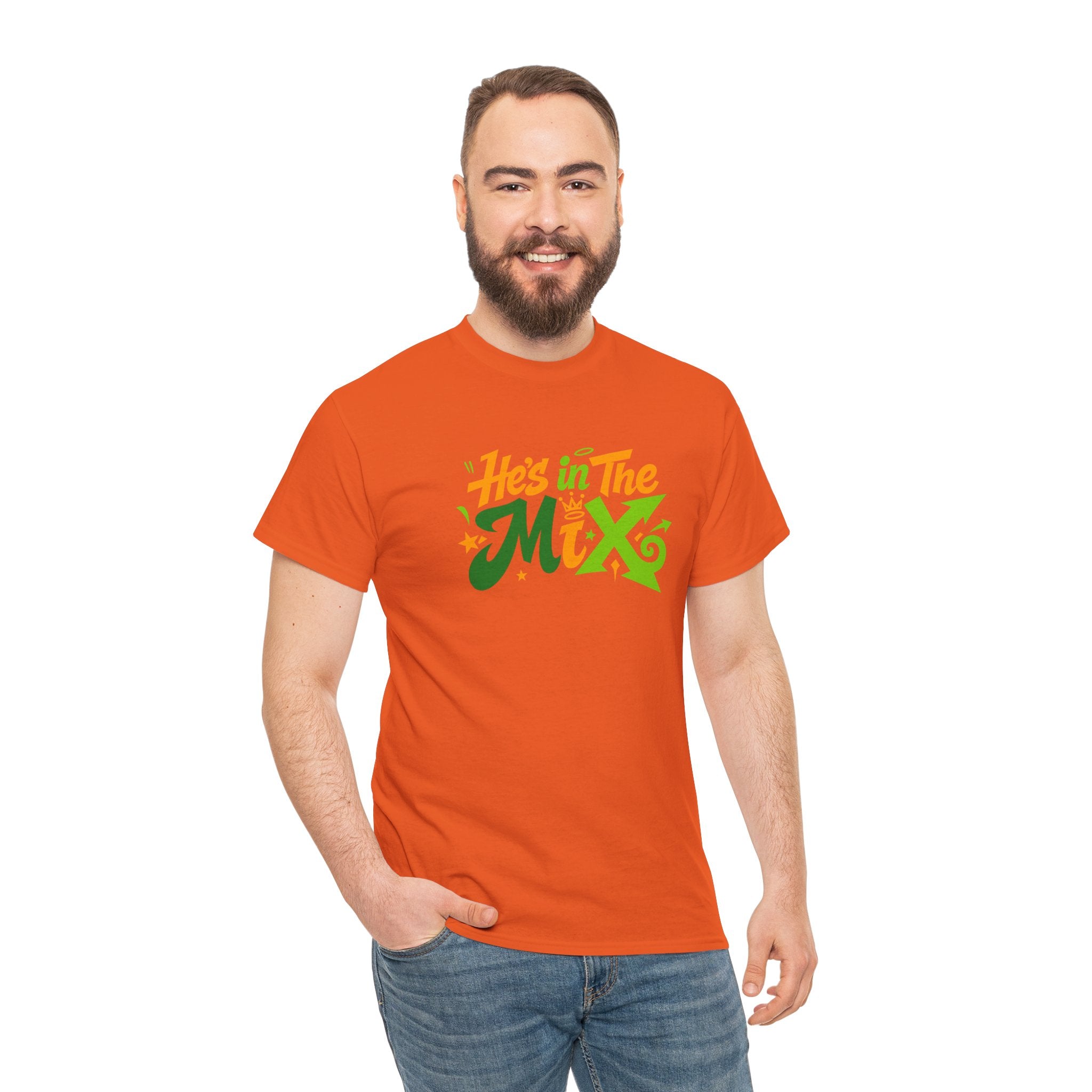 "He's in the Mix" T-Shirt — Retro Green & Orange DJ/Music Tee