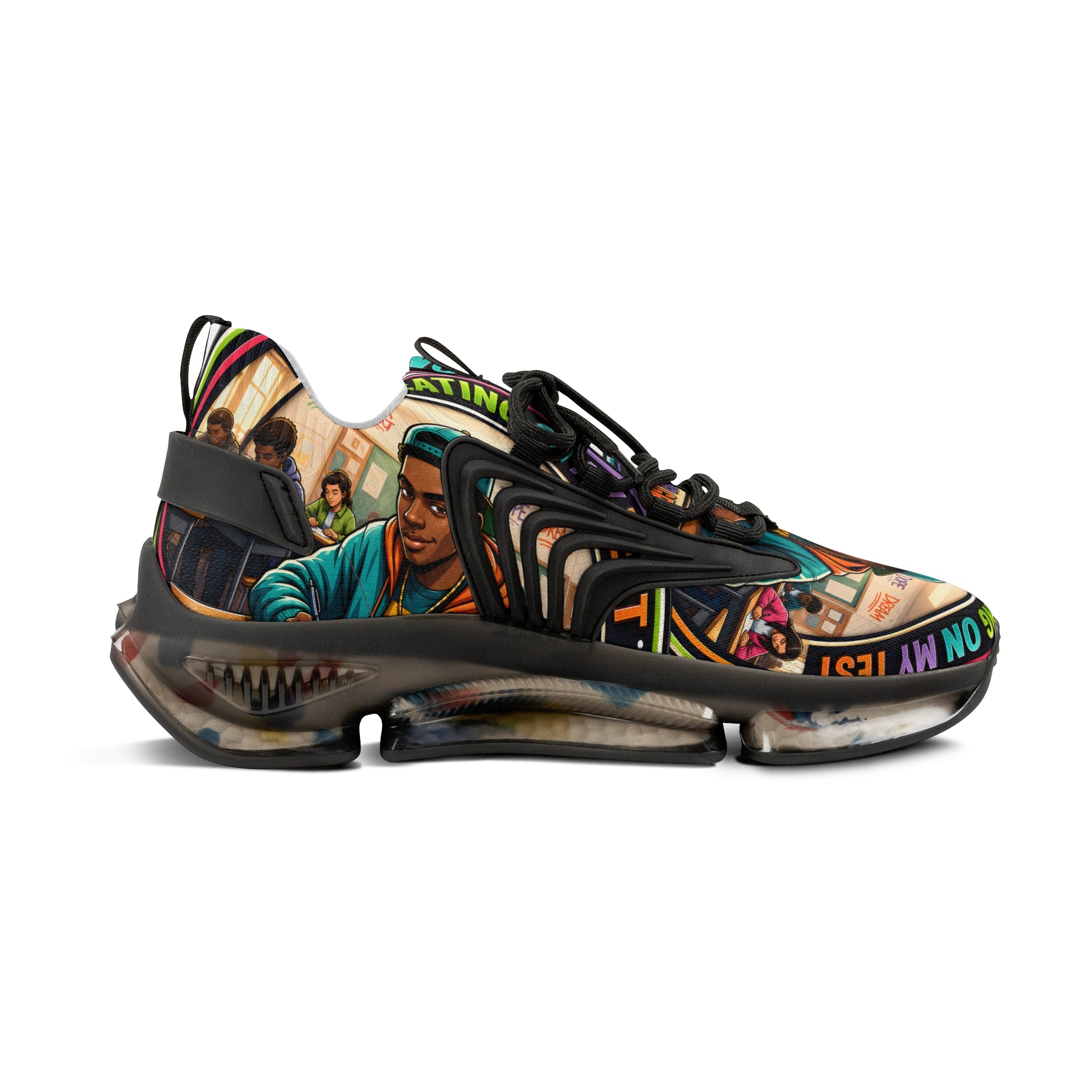 Men's Mesh Sneakers — Colorful Urban Art Graphic Trainers with 'Im Cheating On My Test' Design