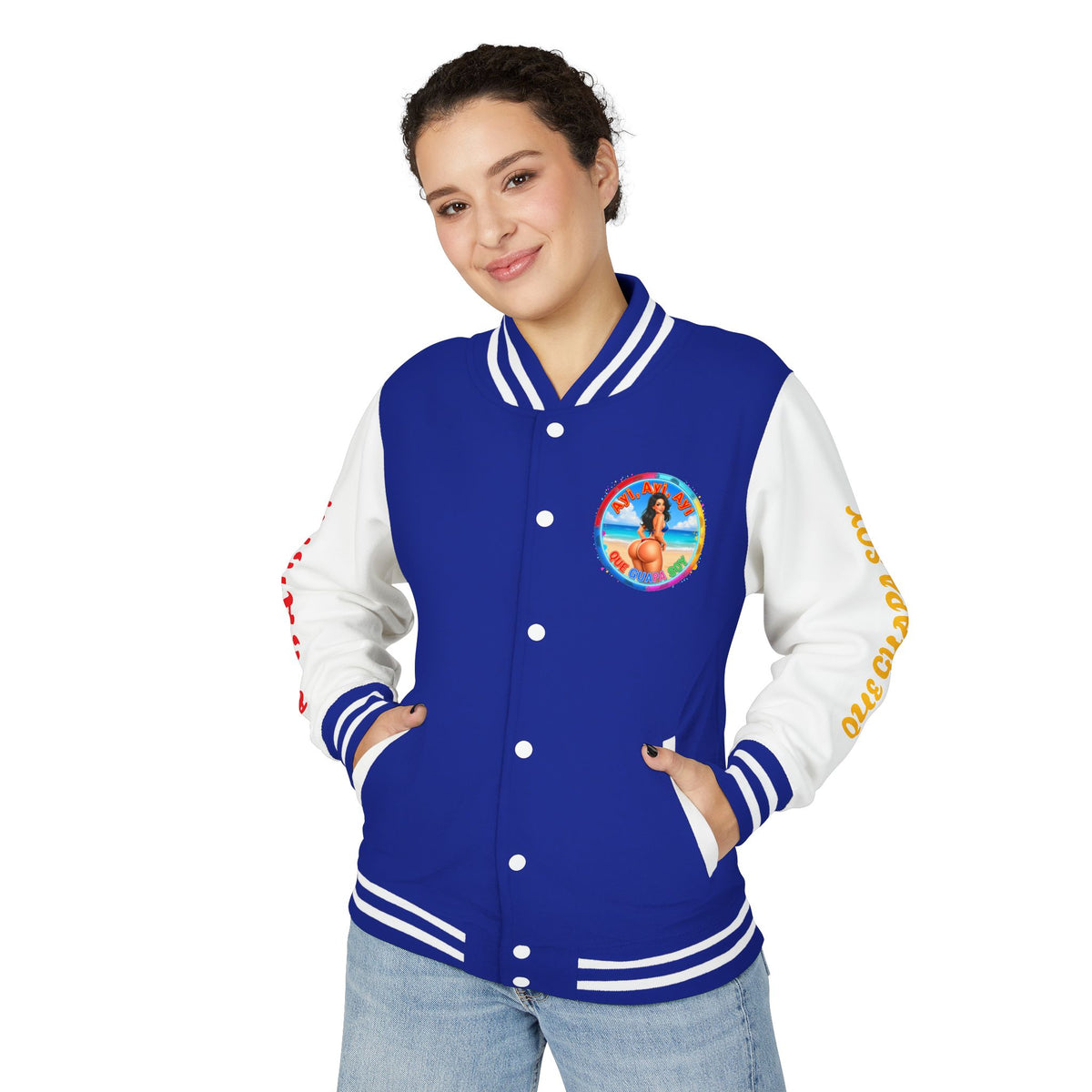 Letterman Jacket – Retro Beach Pinup Varsity Jacket with 'Ayi Ayi Ayi' Graphic