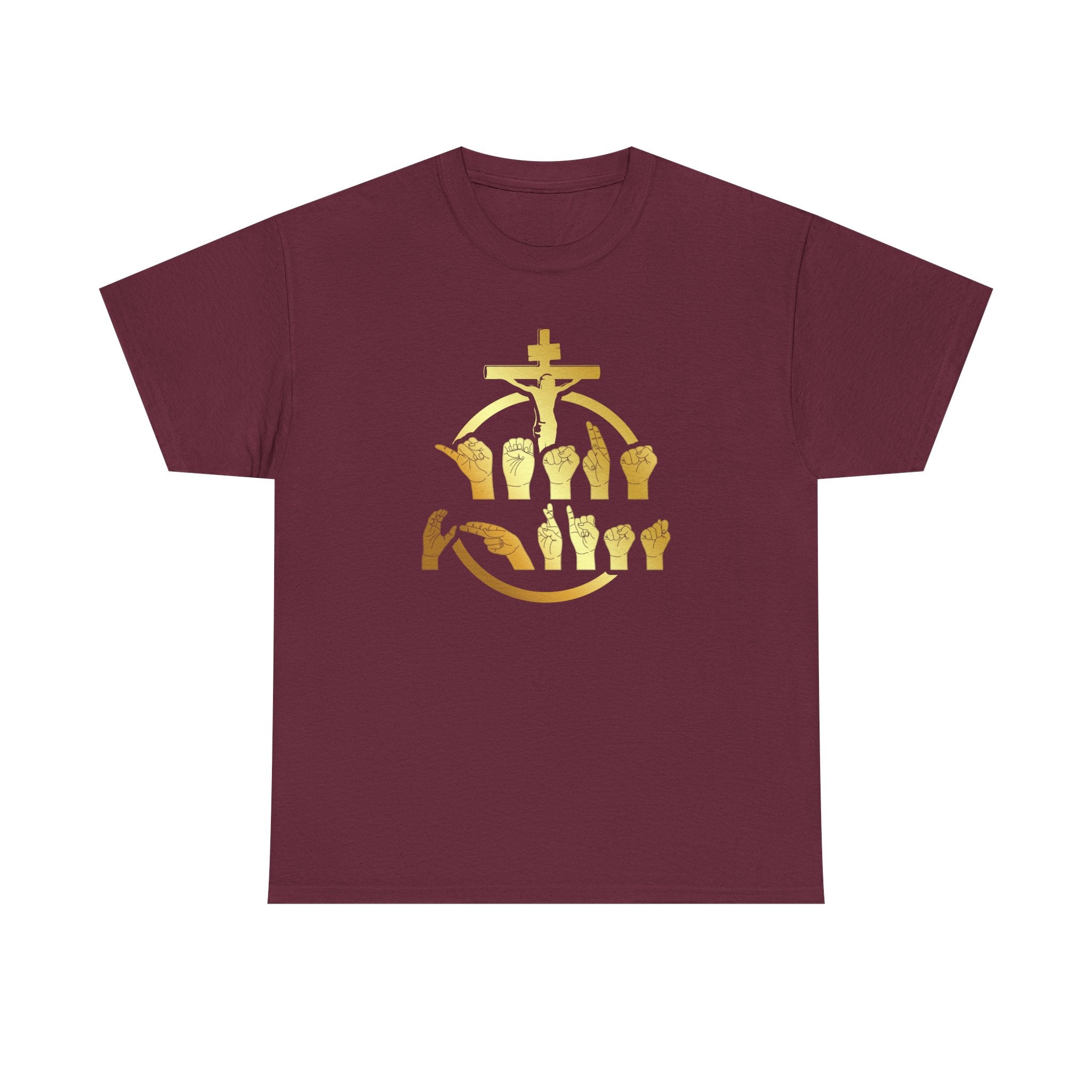 Christian Cross & Praying Hands T-Shirt — Gold Faith Design