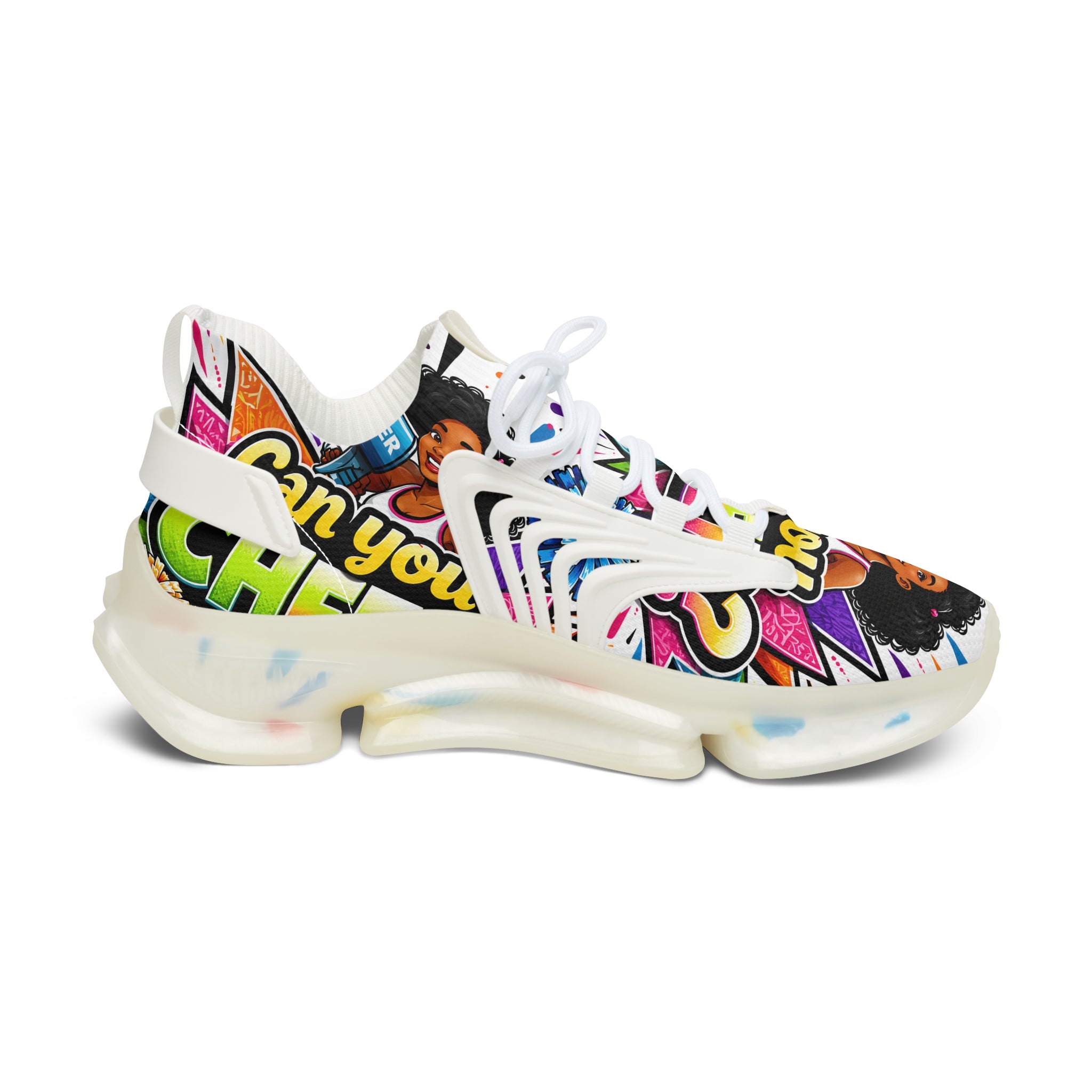 Women's Mesh Sneakers — Colorful Pop Art 'Can You Cheer?' Graphic Athletic Shoes