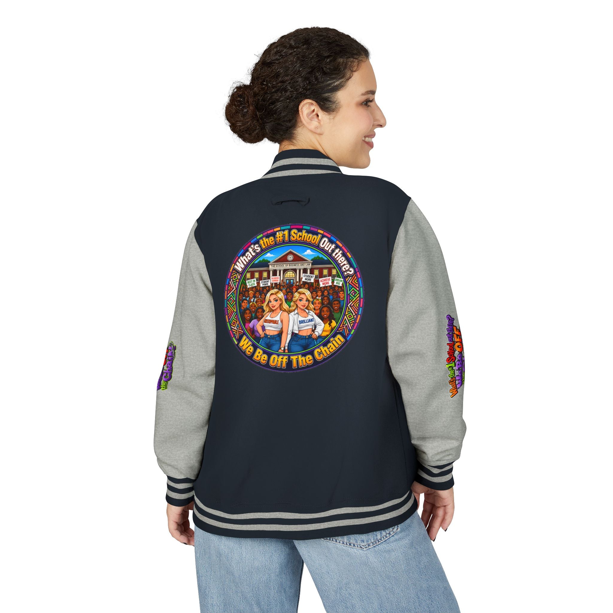 Letterman Jacket — Colorful School Spirit "We Be Off The Chain" Varsity Jacket