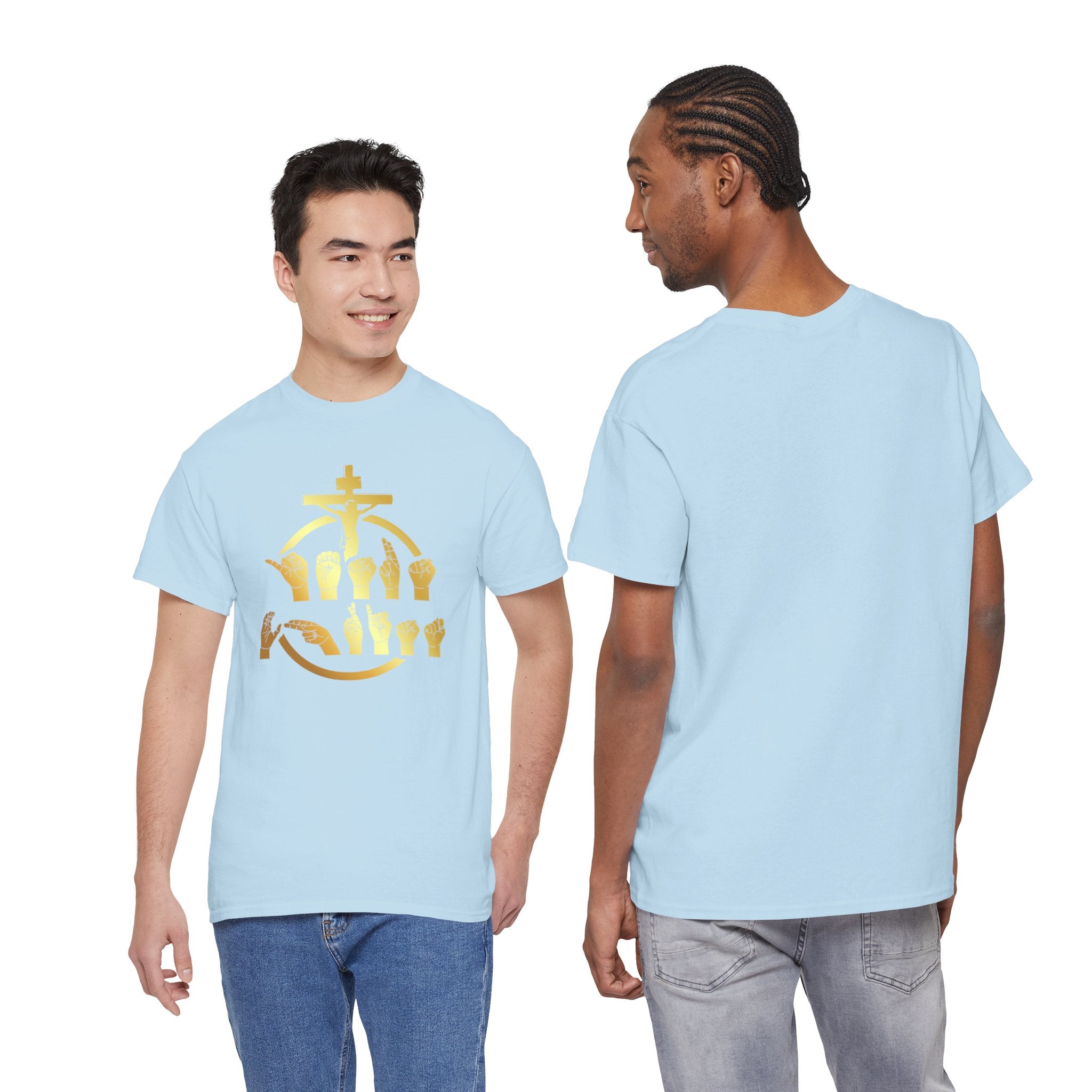 Christian Cross & Praying Hands T-Shirt — Gold Faith Design