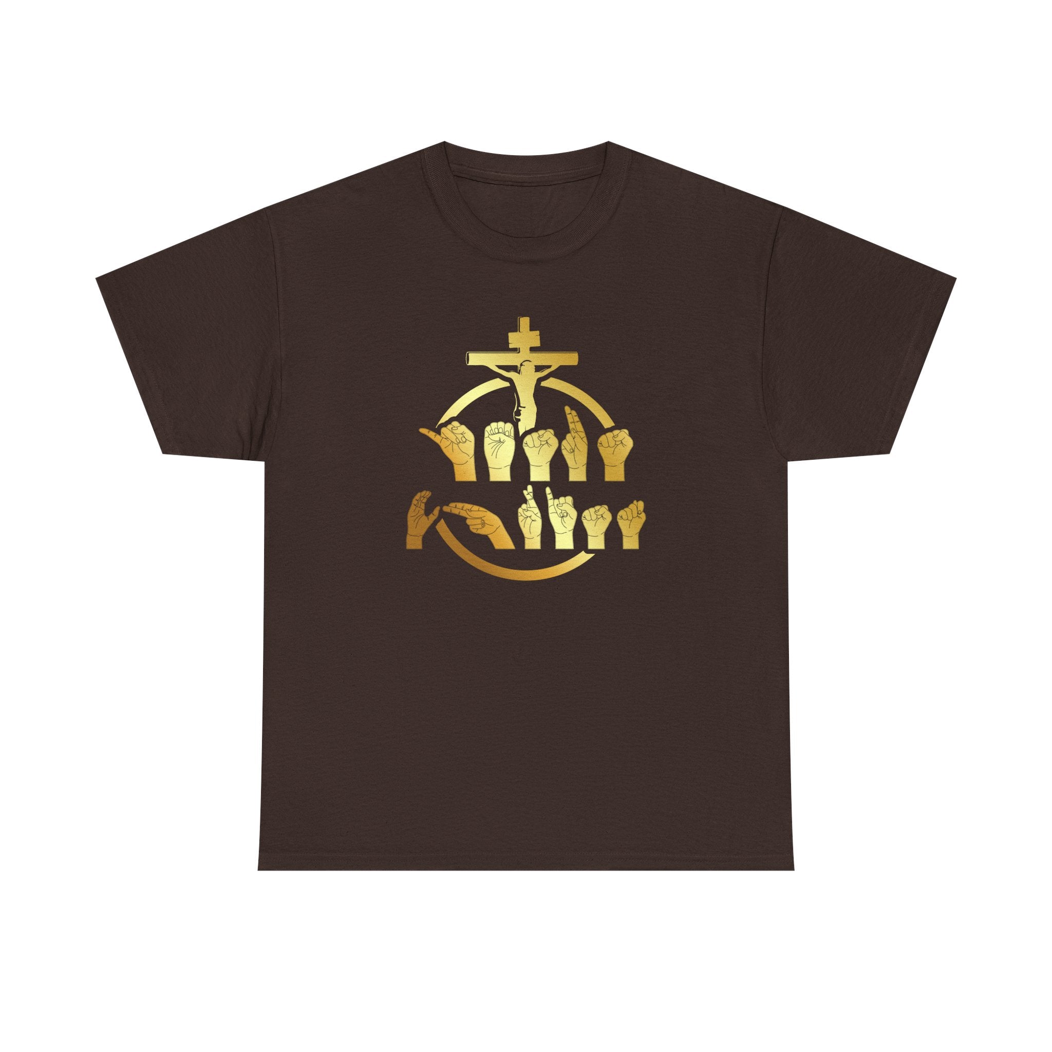 Christian Cross & Praying Hands T-Shirt — Gold Faith Design