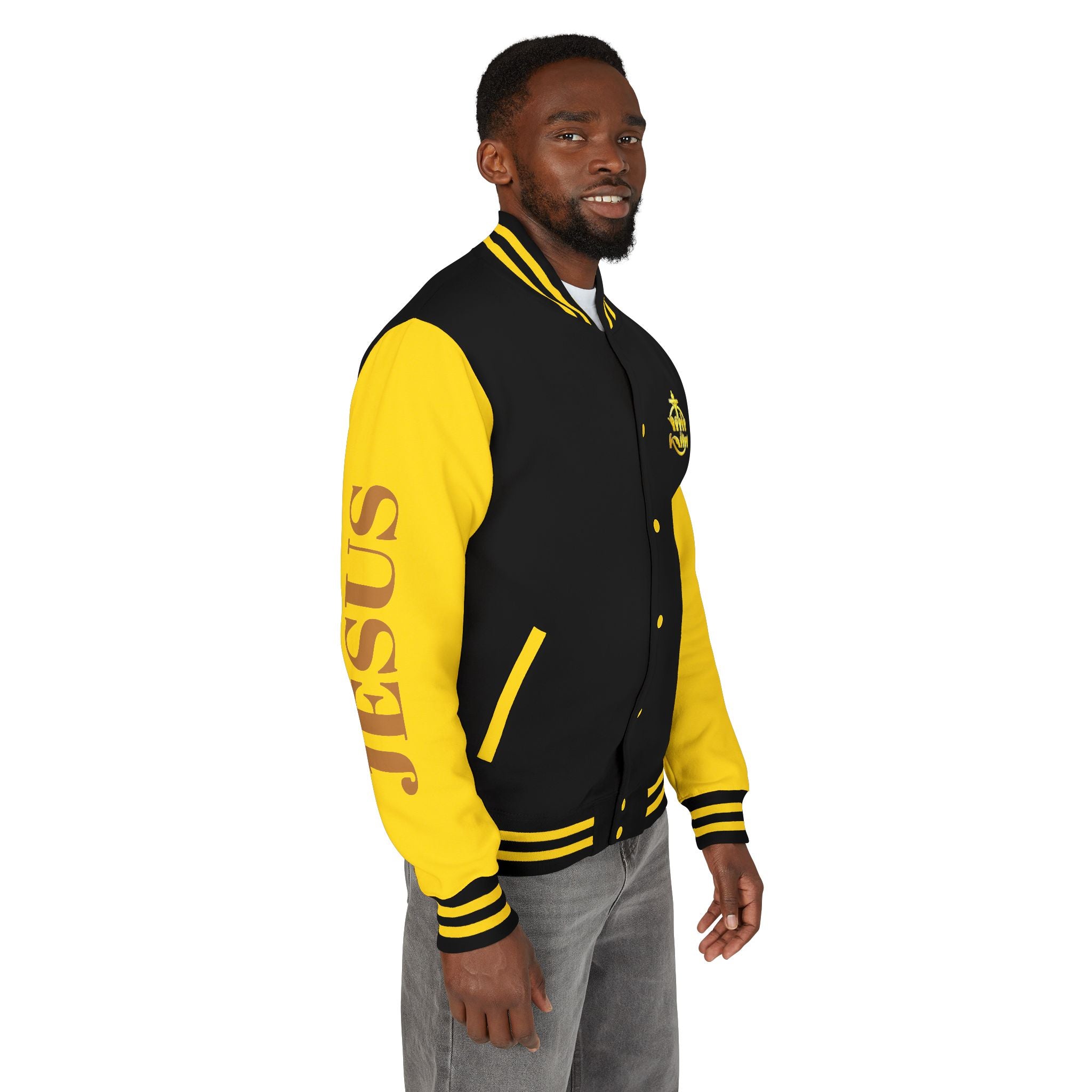 "Sign language Jesus Christ "     Christian Crown Letterman Jacket - 'Jesus Christ' Sleeve Varsity Jacket
