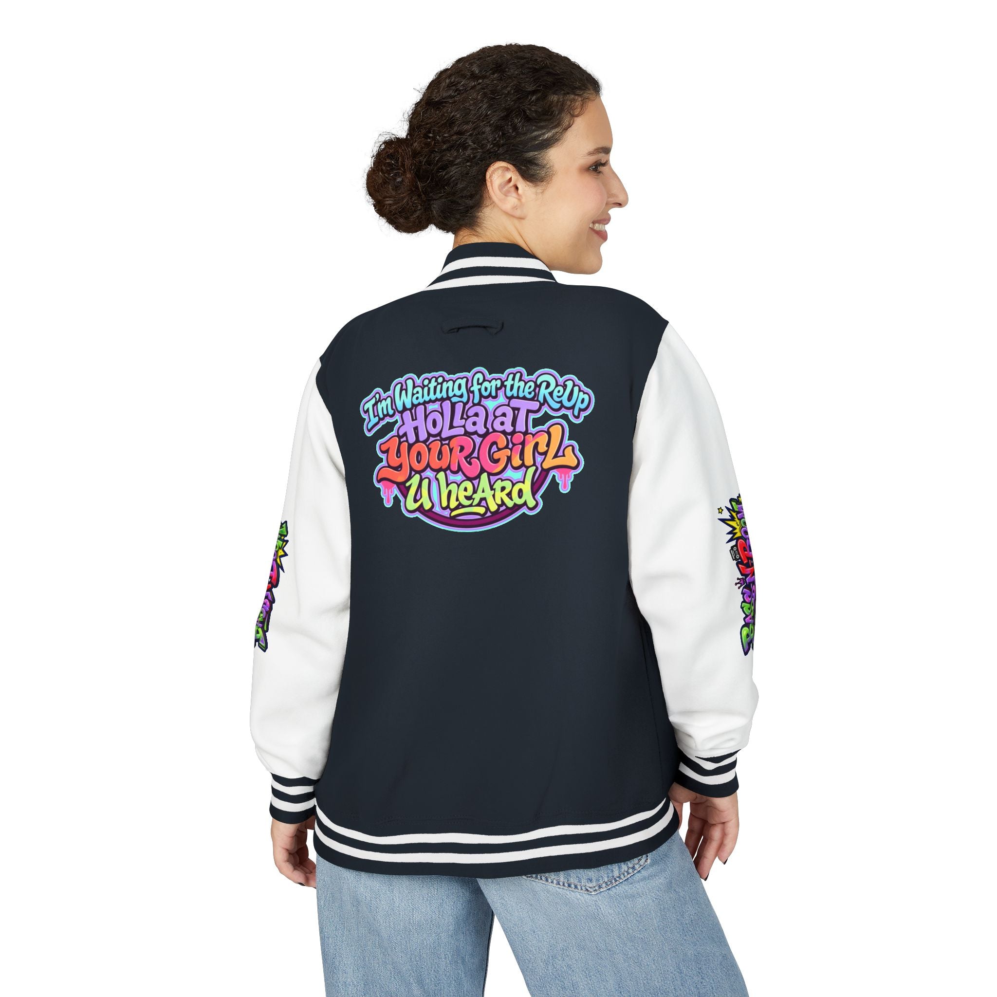 Letterman Jacket — "I'm Waiting For The Reup" Colorful Retro Hip‑Hop Varsity