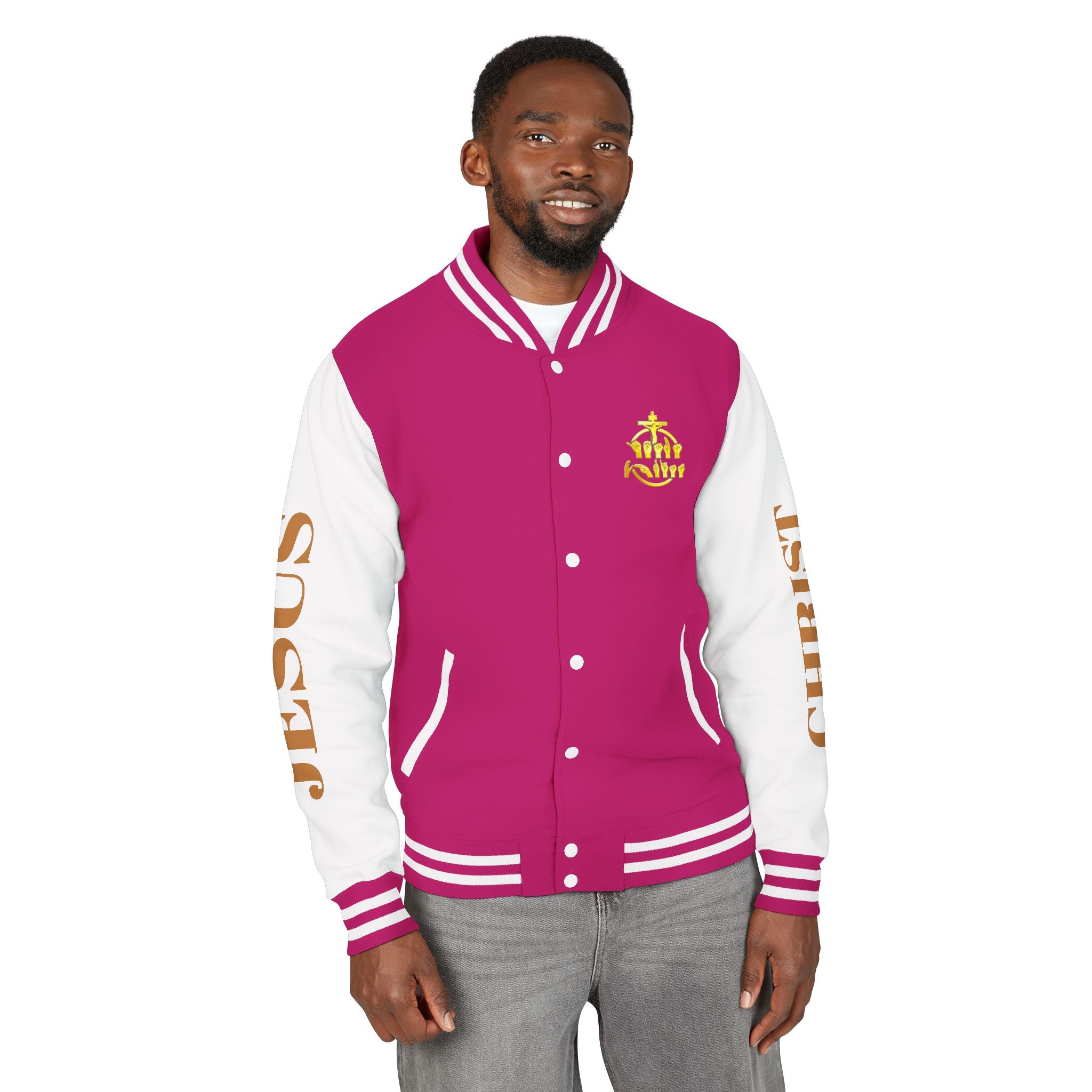 "Sign language Jesus Christ "     Christian Crown Letterman Jacket - 'Jesus Christ' Sleeve Varsity Jacket