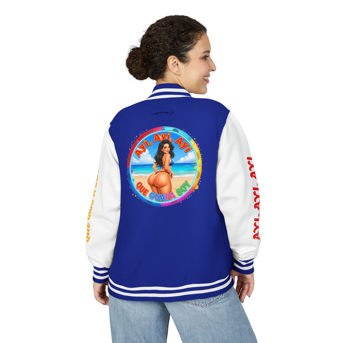 Letterman Jacket – Retro Beach Pinup Varsity Jacket with 'Ayi Ayi Ayi' Graphic
