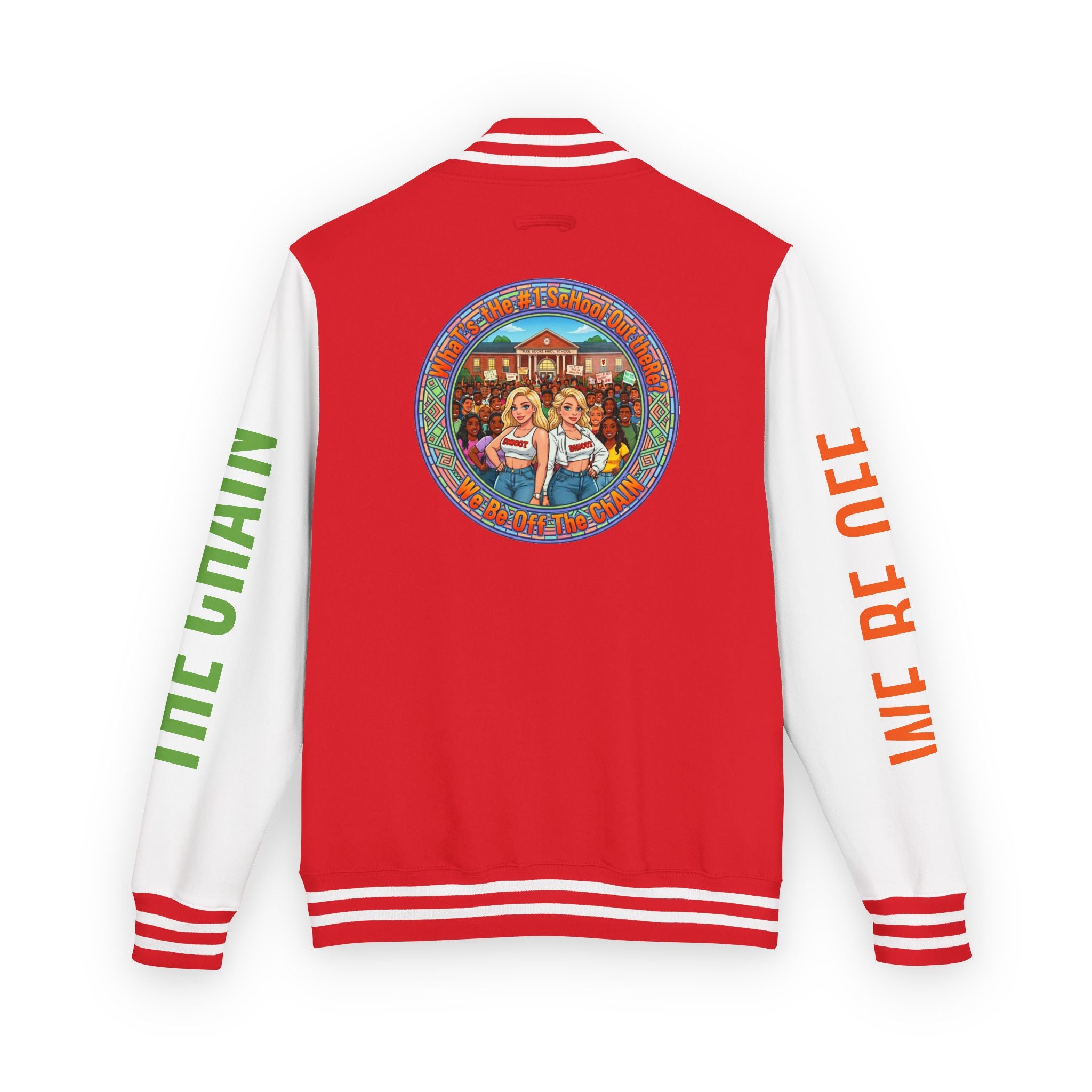 Retro Colorblock Letterman Jacket — 'We Be Off The Chain' Sleeve Print