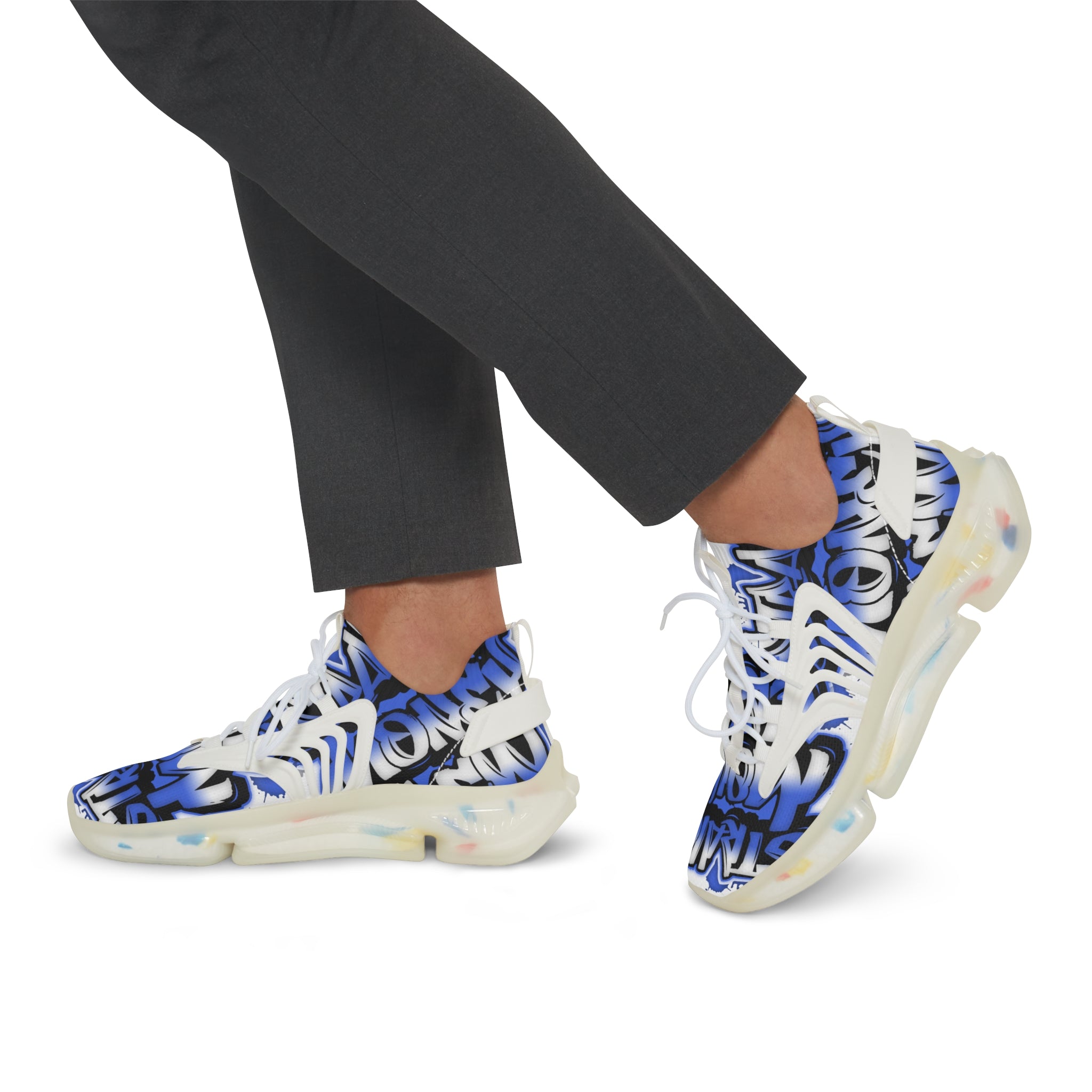 Men's Blue Graffiti Mesh Sneakers — "Straight Money Crew" Breathable Streetwear Athletic Shoes