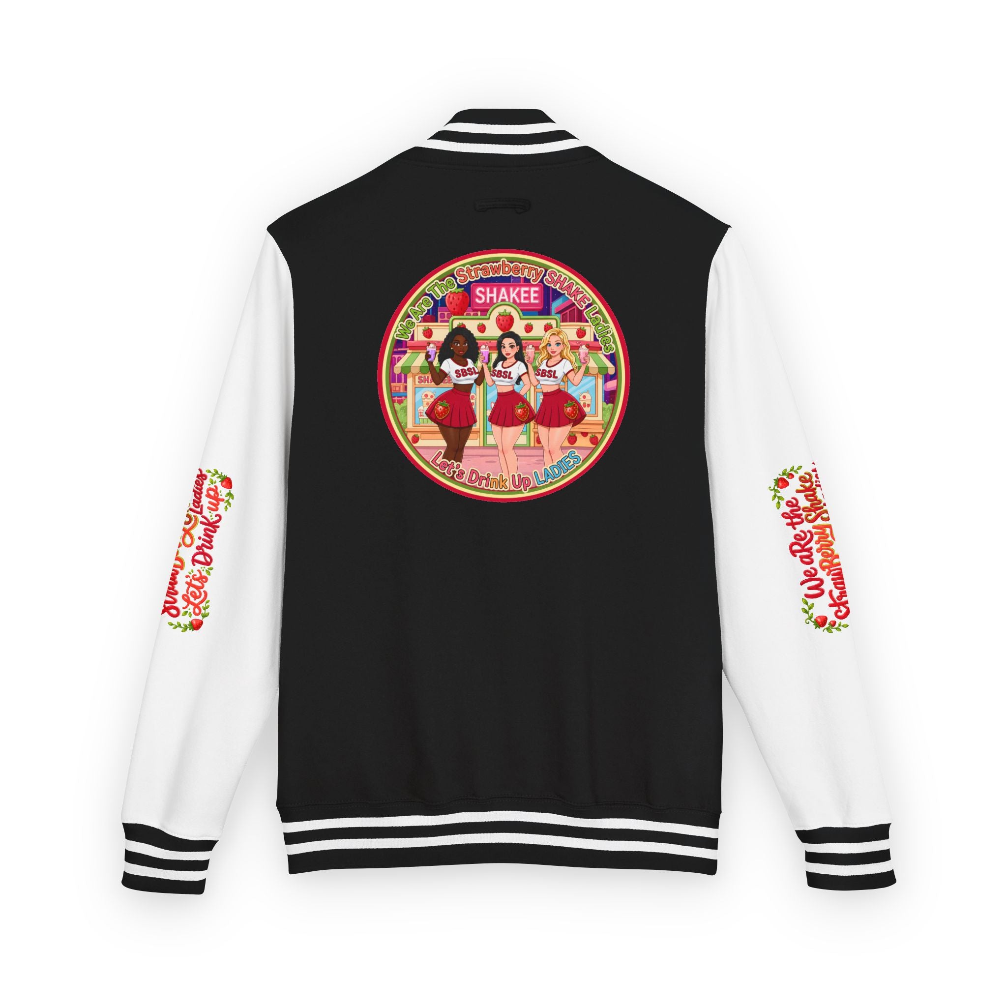 Letterman Jacket — " We Are The Strawberry Shake Ladies " Retro 'Shakee' Strawberry Girls Varsity Jacket