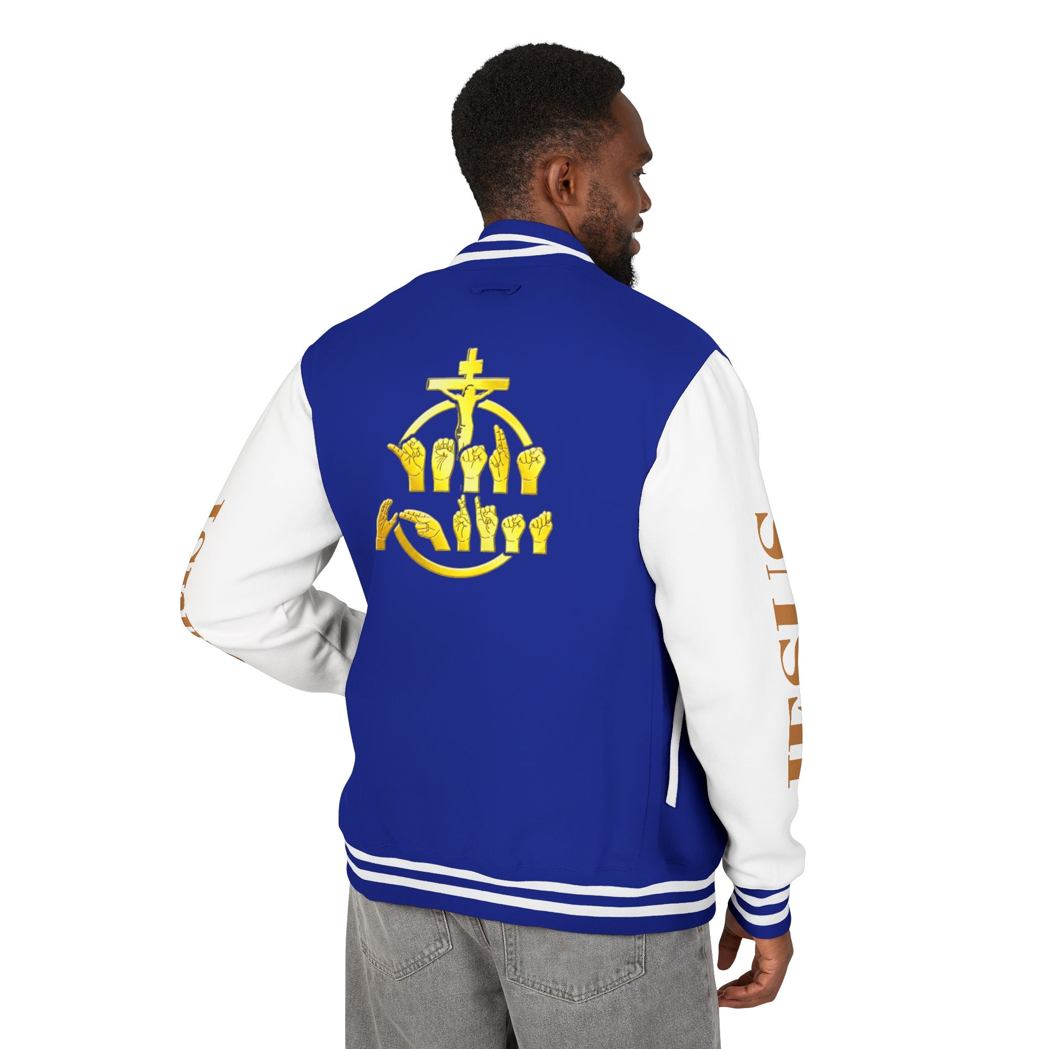 "Sign language Jesus Christ "     Christian Crown Letterman Jacket - 'Jesus Christ' Sleeve Varsity Jacket