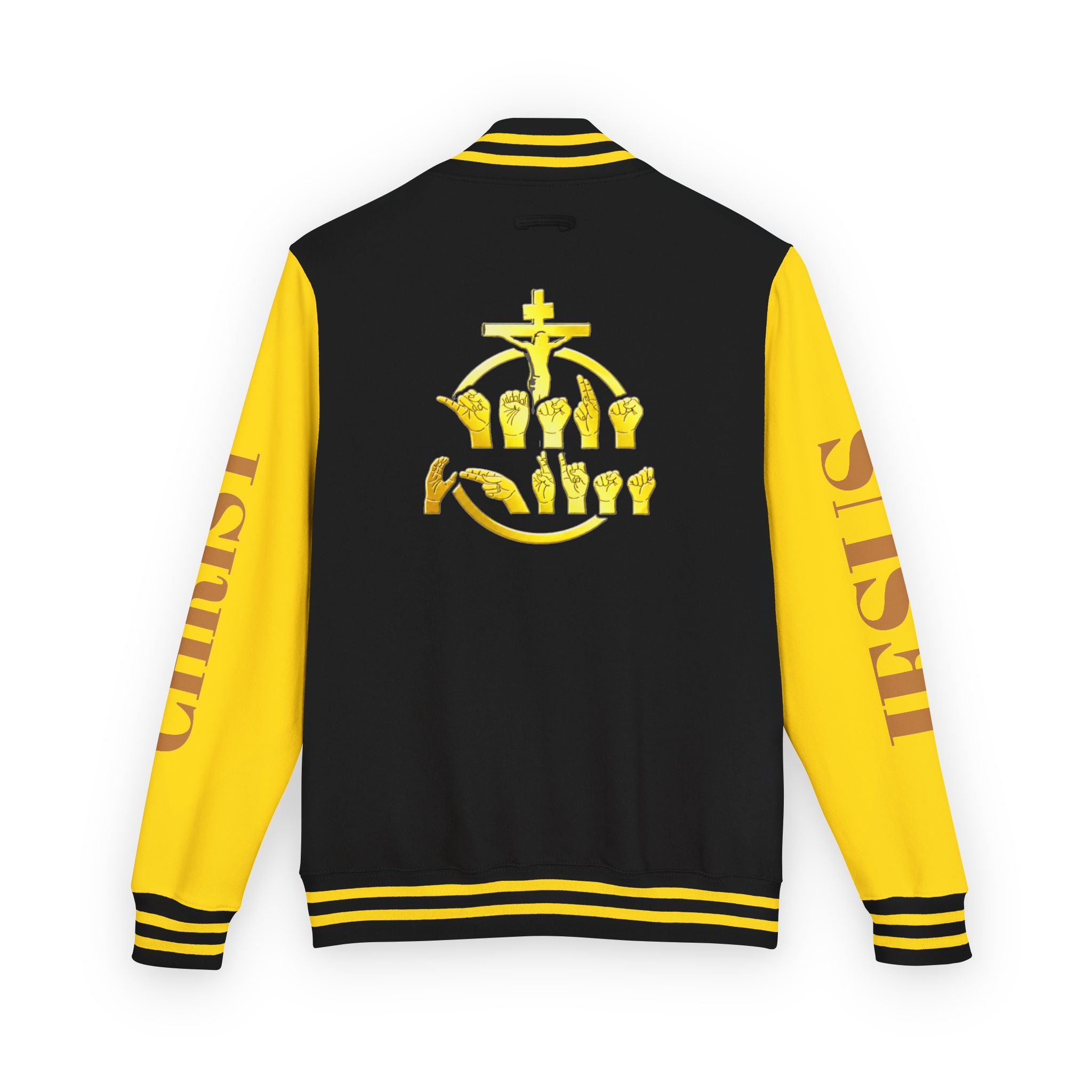"Sign language Jesus Christ "     Christian Crown Letterman Jacket - 'Jesus Christ' Sleeve Varsity Jacket