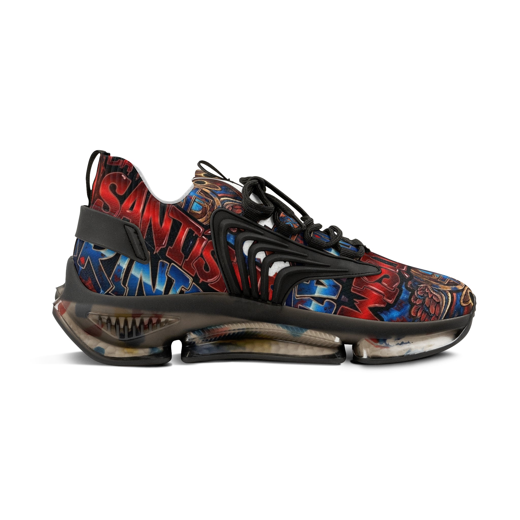 Men's Abstract Red Blue Athletic Sneakers — "La Santísima Tranidad"  Bold Pattern Mesh Running Shoes