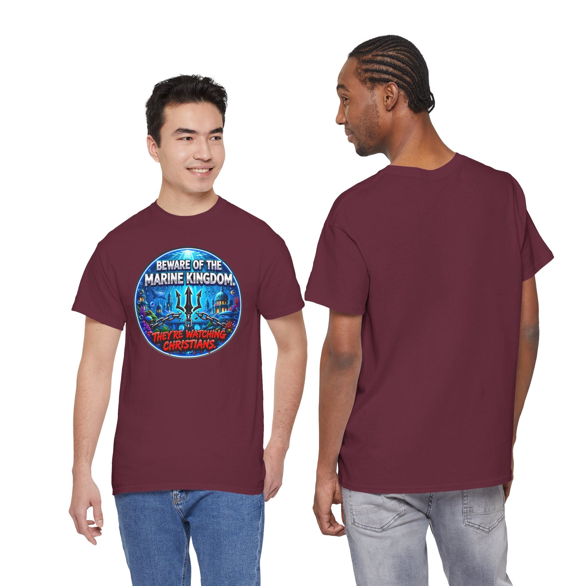 T‑Shirt — "Beware of the Marine Kingdom: They're Watching Christians" Vintage Ocean Graphic