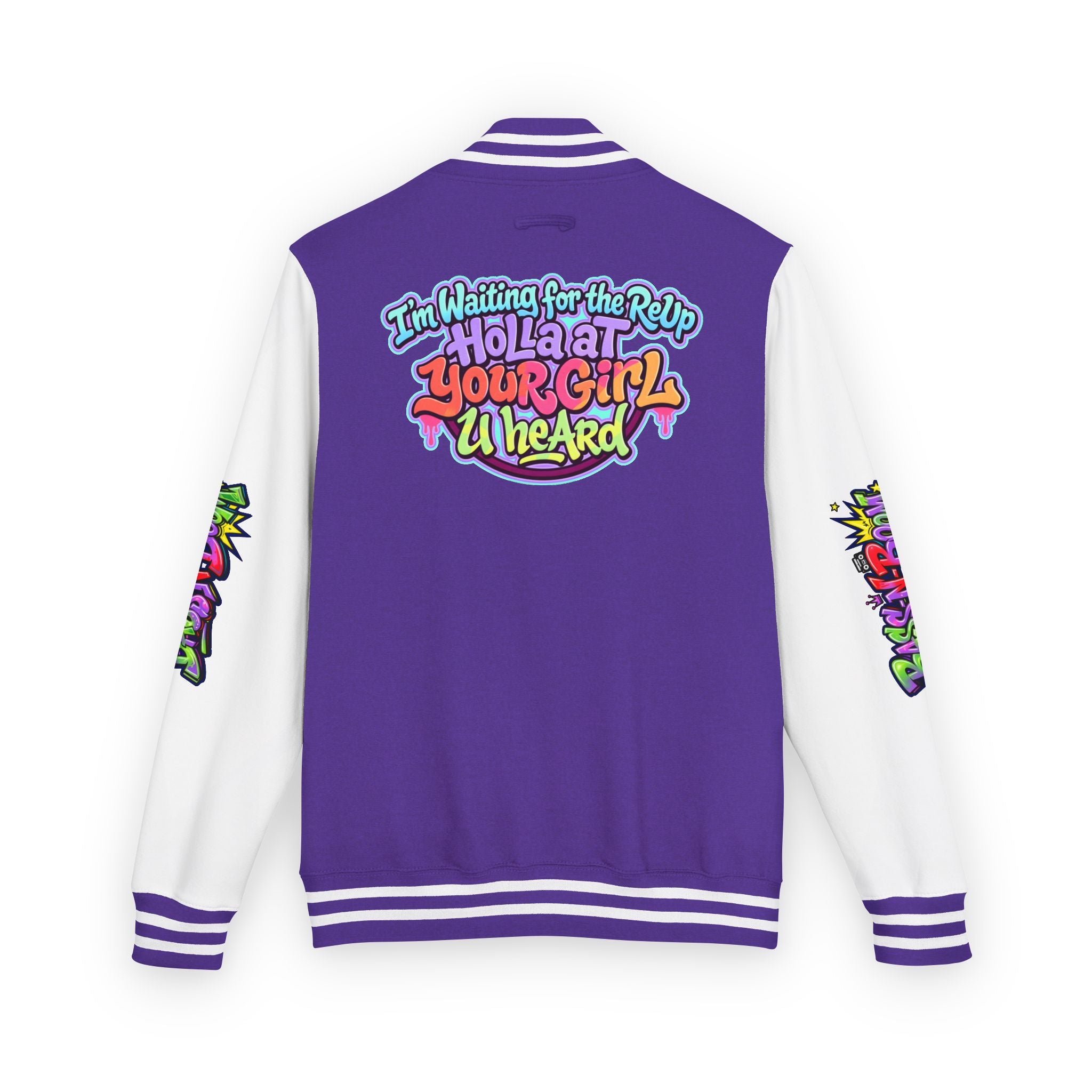 Letterman Jacket — "I'm Waiting For The Reup" Colorful Retro Hip‑Hop Varsity