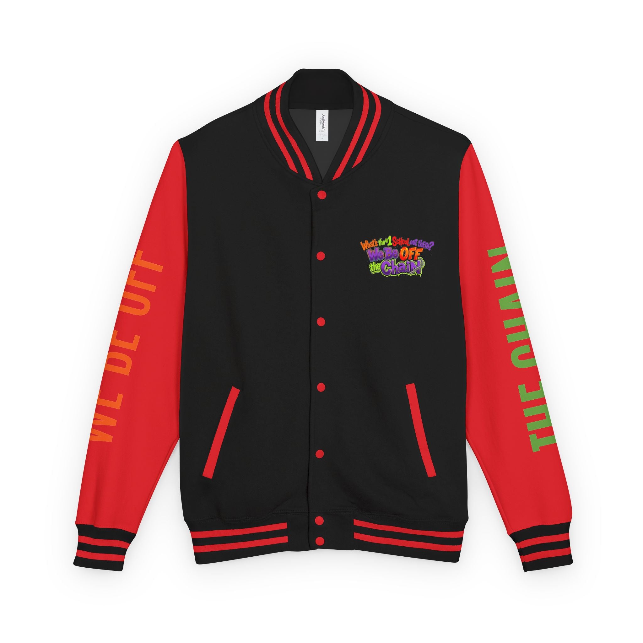 Retro Colorblock Letterman Jacket — 'We Be Off The Chain' Sleeve Print