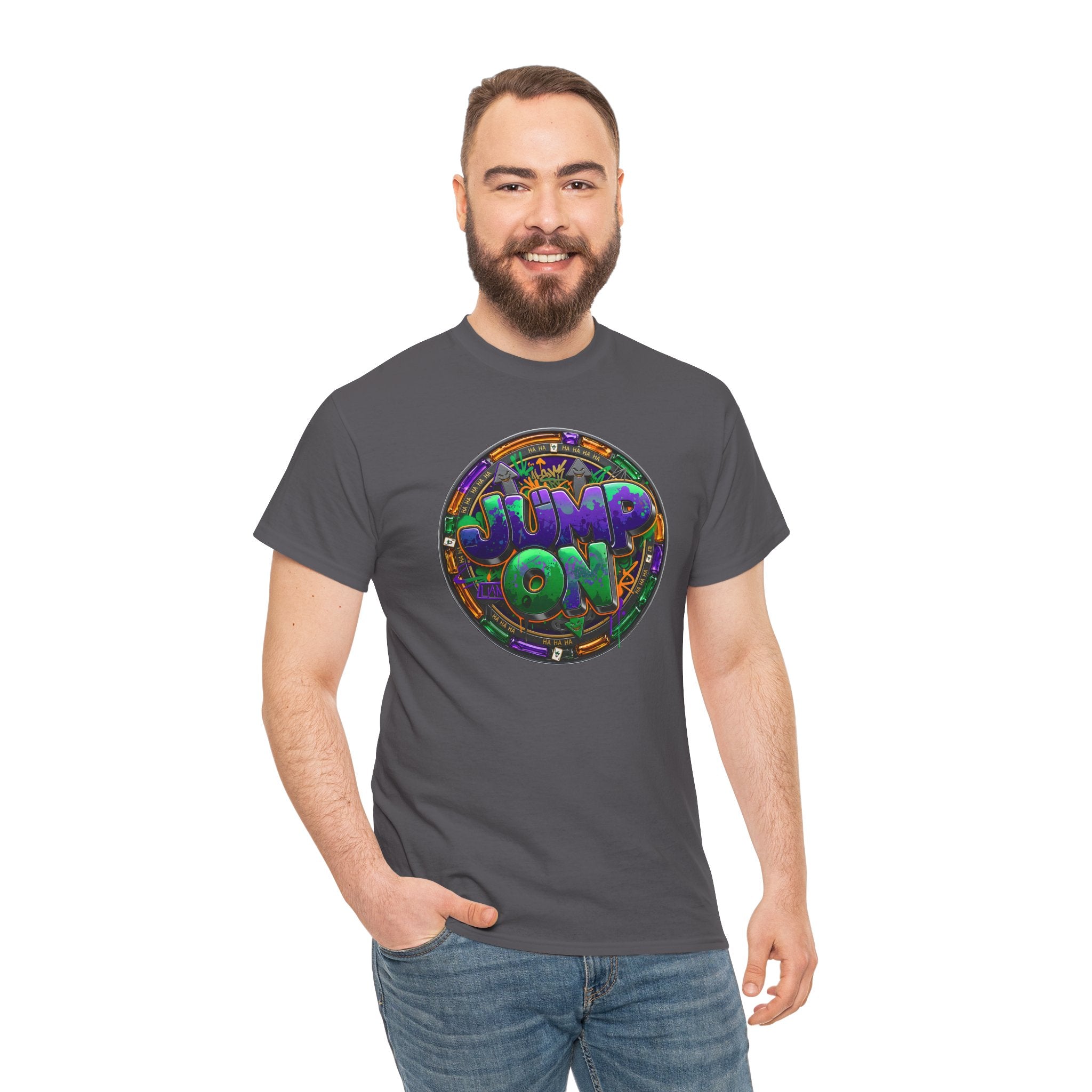 " Jump On" Circle Graphic Tee — Retro Neon Streetwear T-Shirt