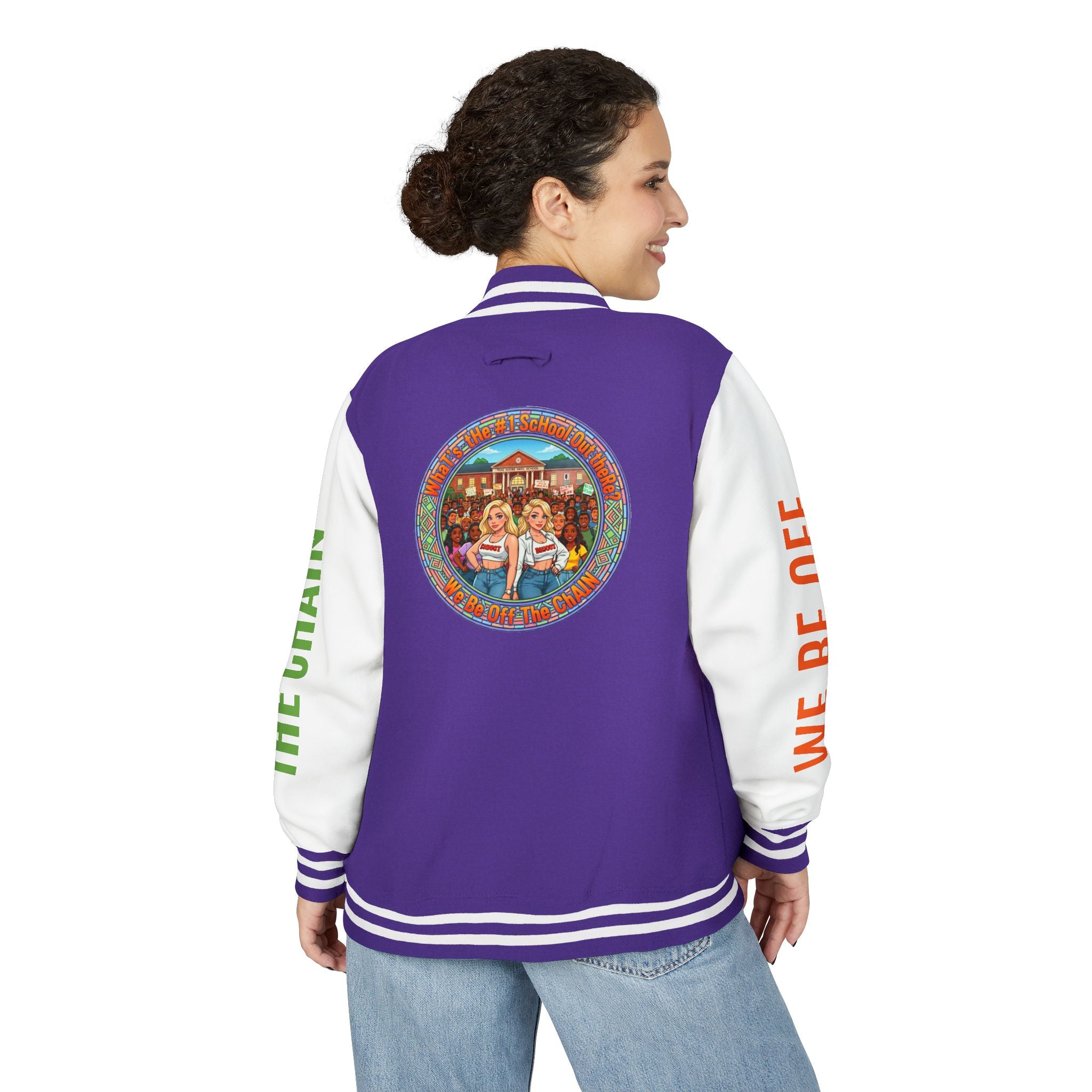 Retro Colorblock Letterman Jacket — 'We Be Off The Chain' Sleeve Print