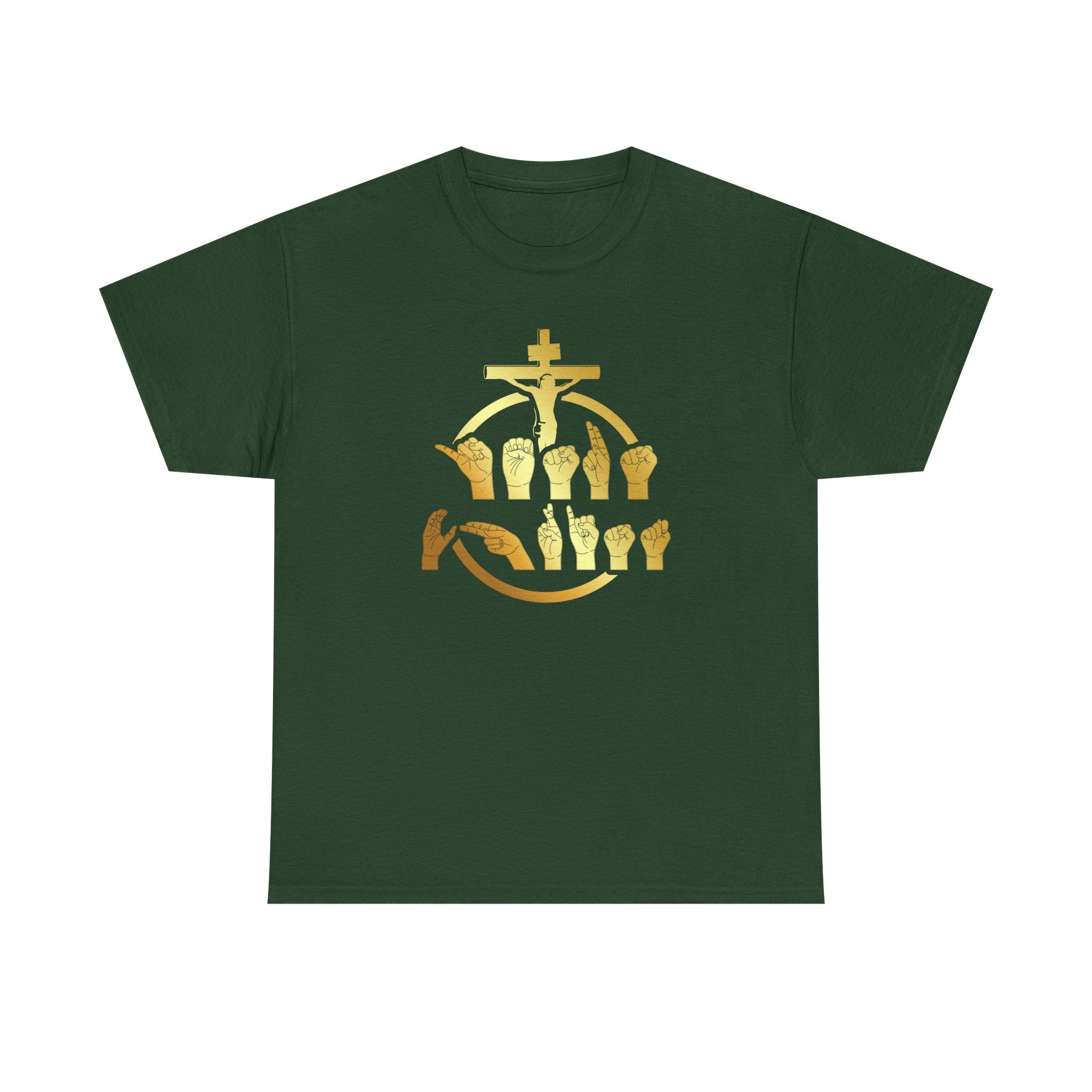 Christian Cross & Praying Hands T-Shirt — Gold Faith Design