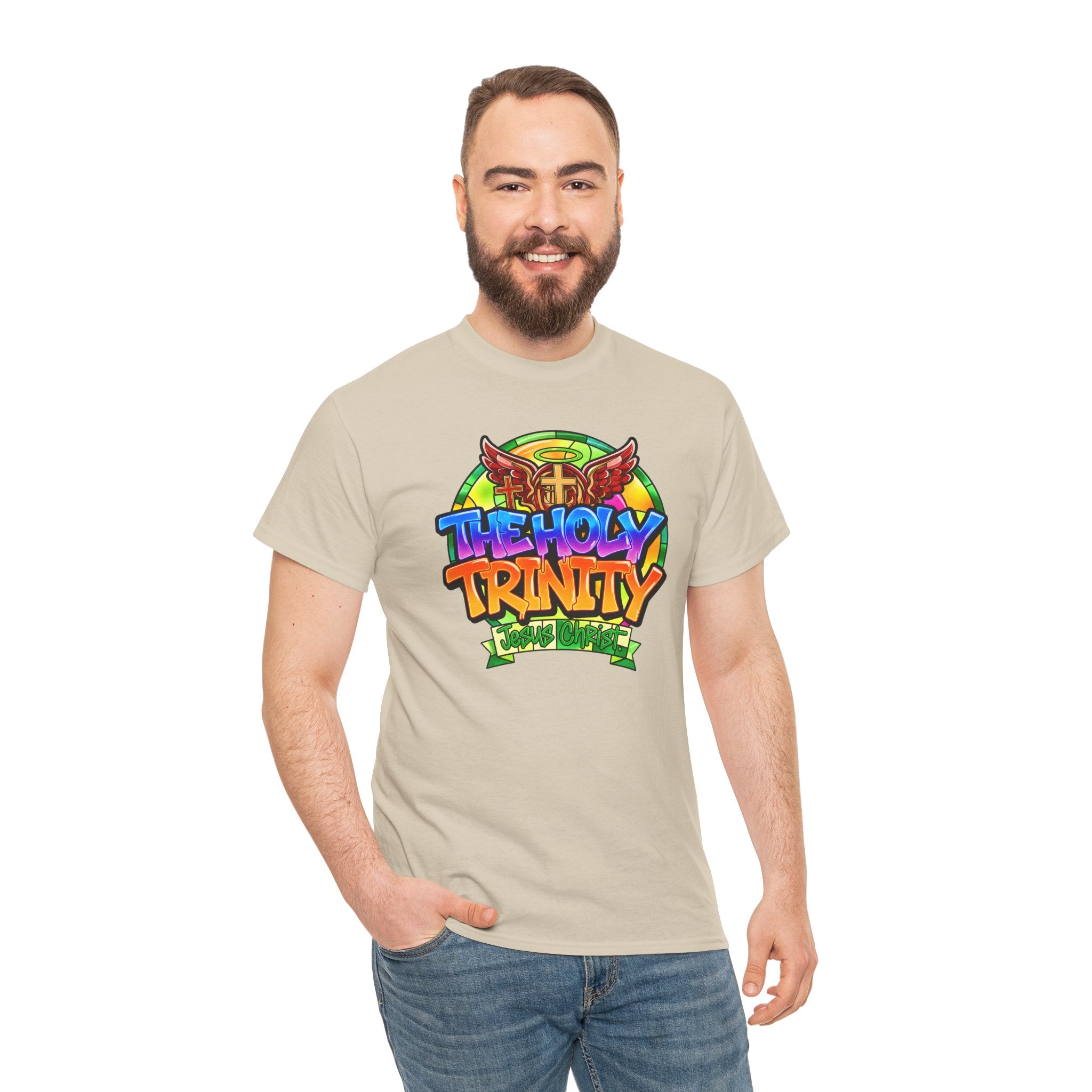 Holy Trinity Graphic Tee — Colorful Faith-Inspired Streetwear T-Shirt
