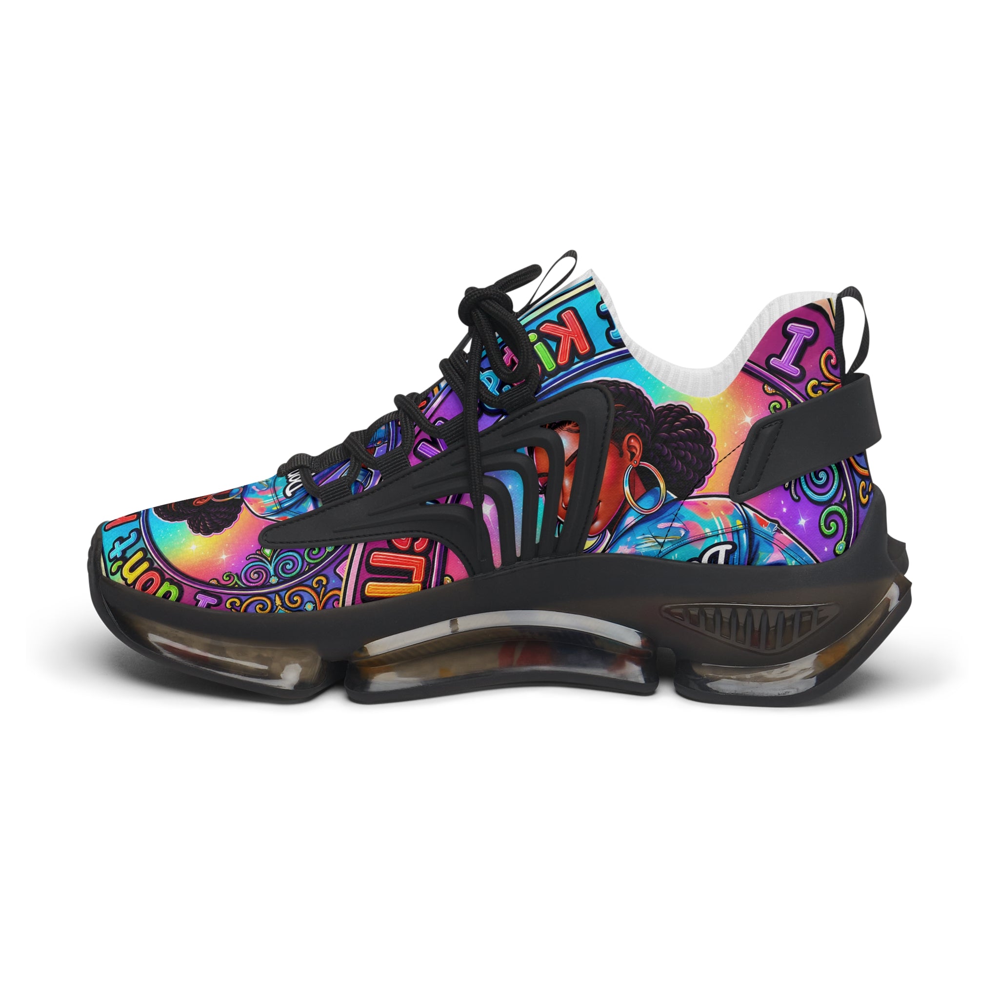 Women's Mesh Sneakers — Colorful Afrocentric Portrait Running Shoes with 'Don't Kiss' Graphic