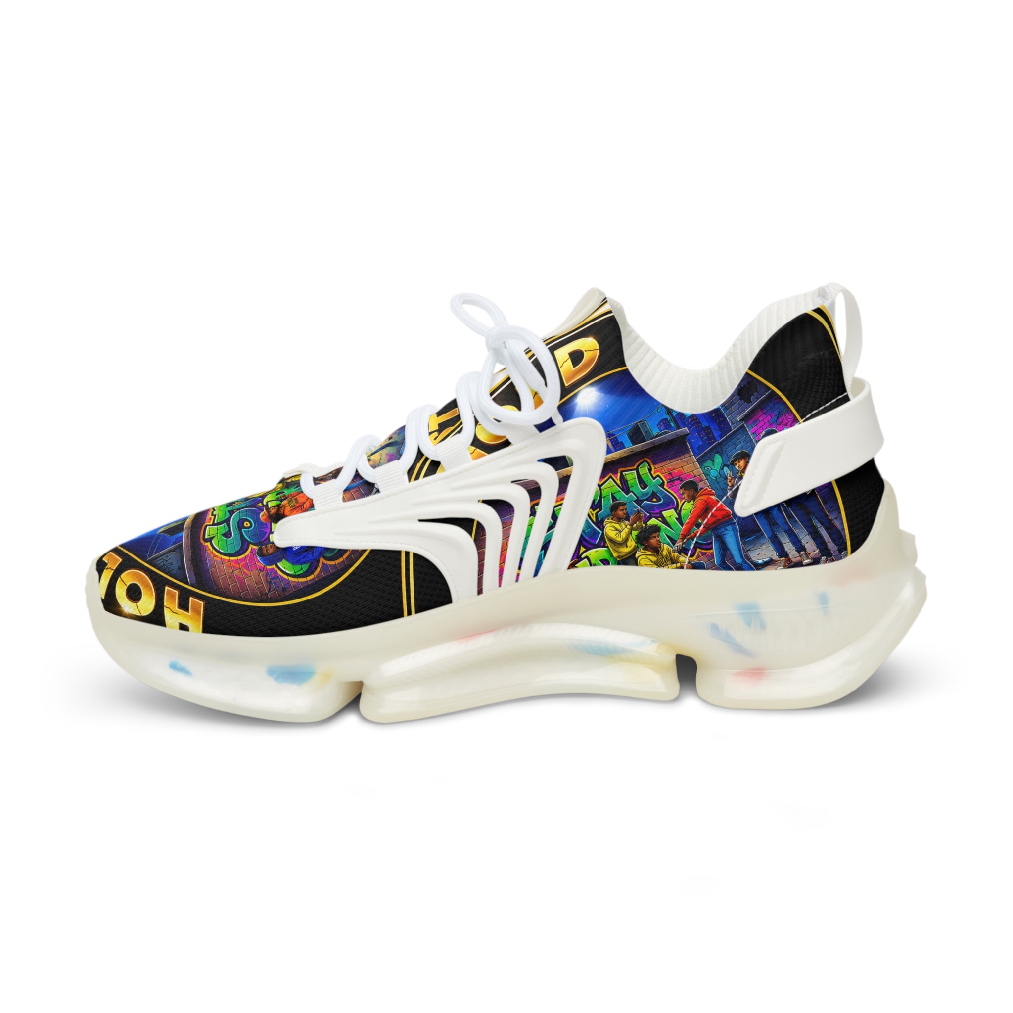 Men's Mesh Sneakers — "Hold On Be Strong" Retro Arcade Graffiti Print Athletic Shoes