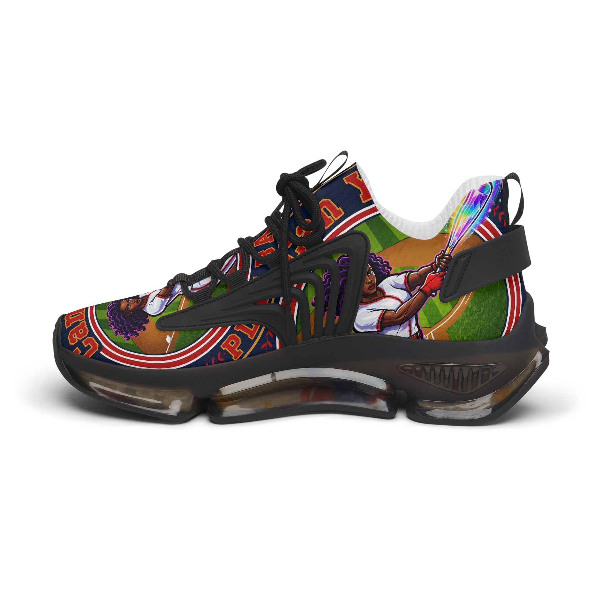 Women's Mesh Sneakers — " Can You Play Baseball "Vibrant Afrocentric Athletic Shoes with 'I Can You' Graphic