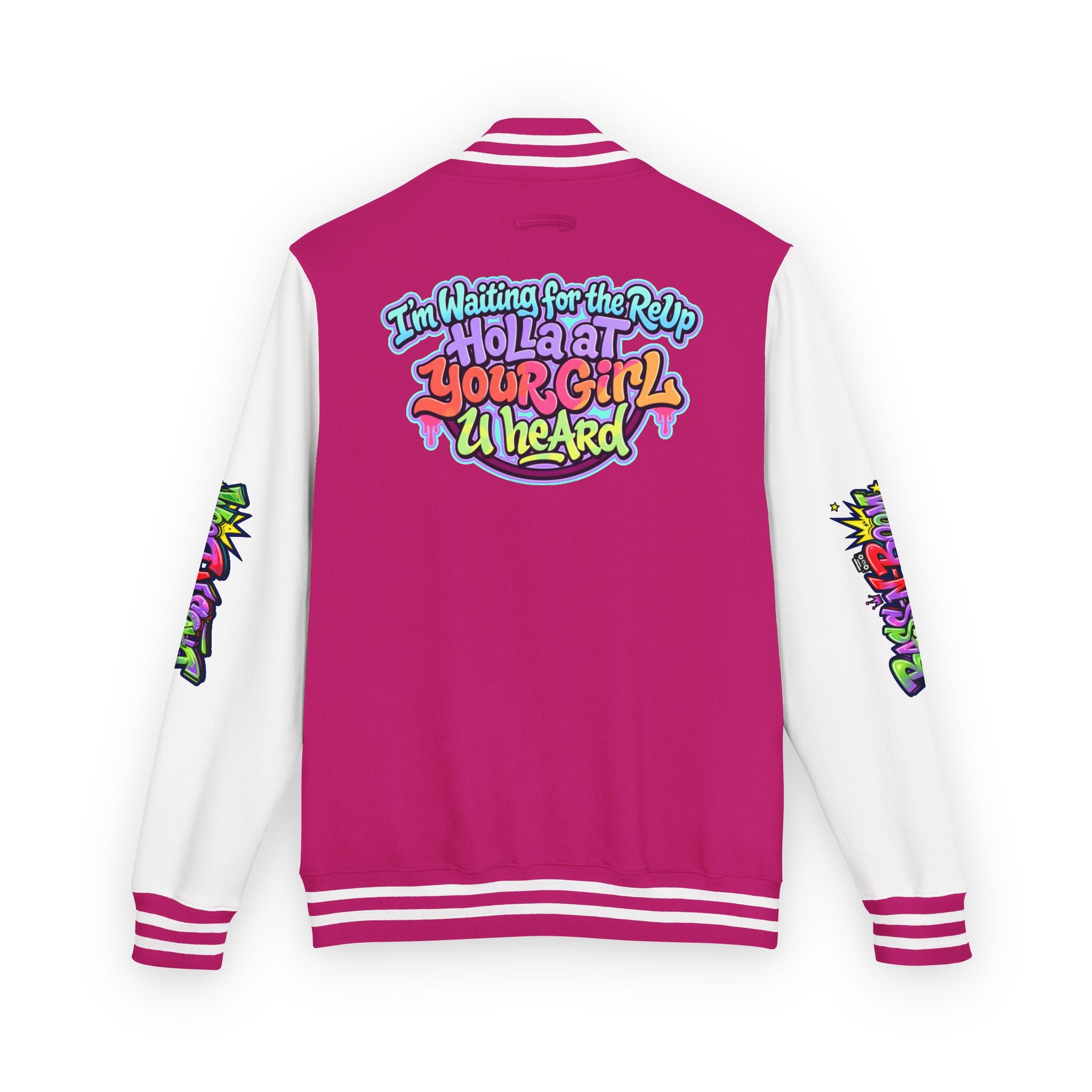 Letterman Jacket — "I'm Waiting For The Reup" Colorful Retro Hip‑Hop Varsity