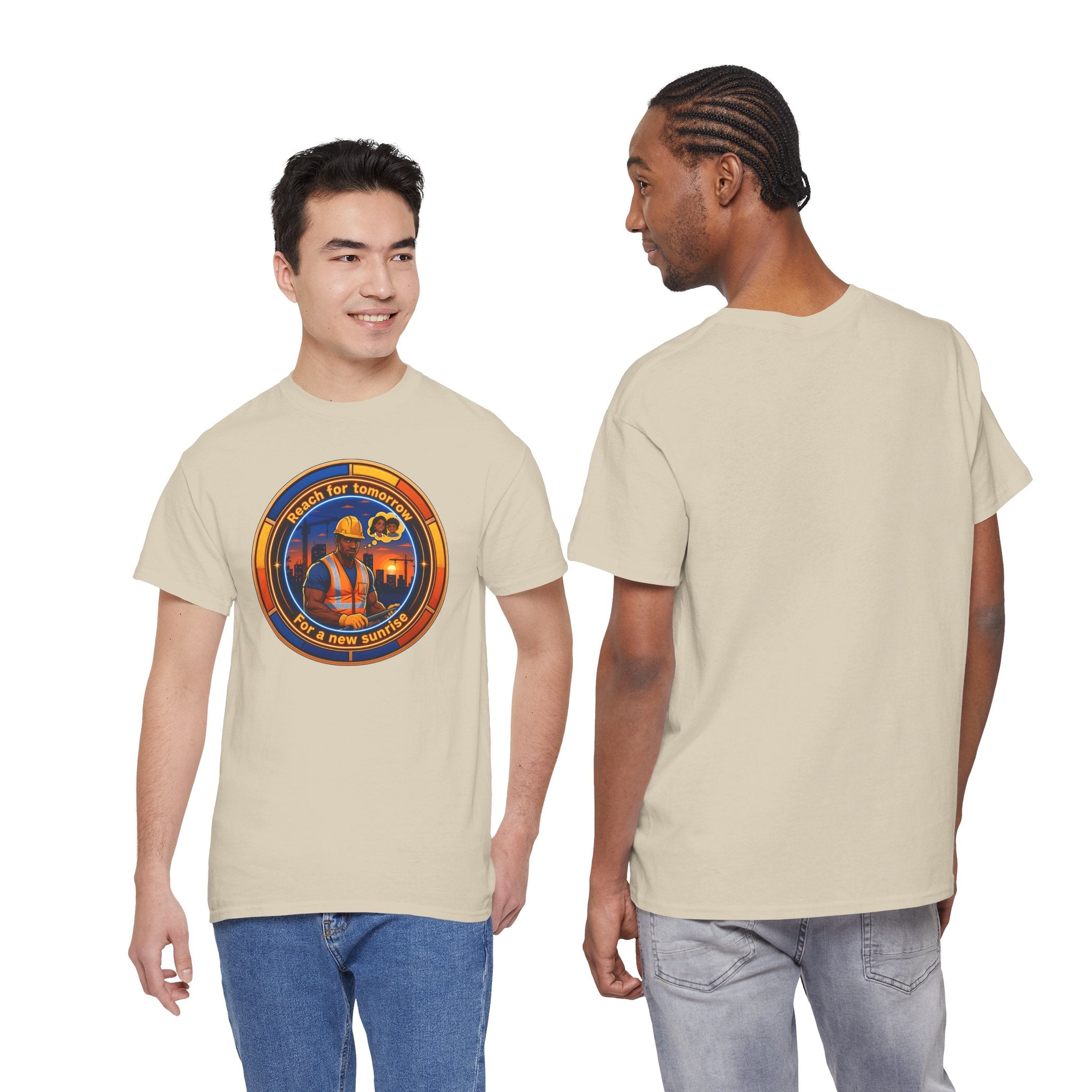 Construction Worker Sunset Tee — “Reach for Tomorrow ” Safety Crew T-Shirt