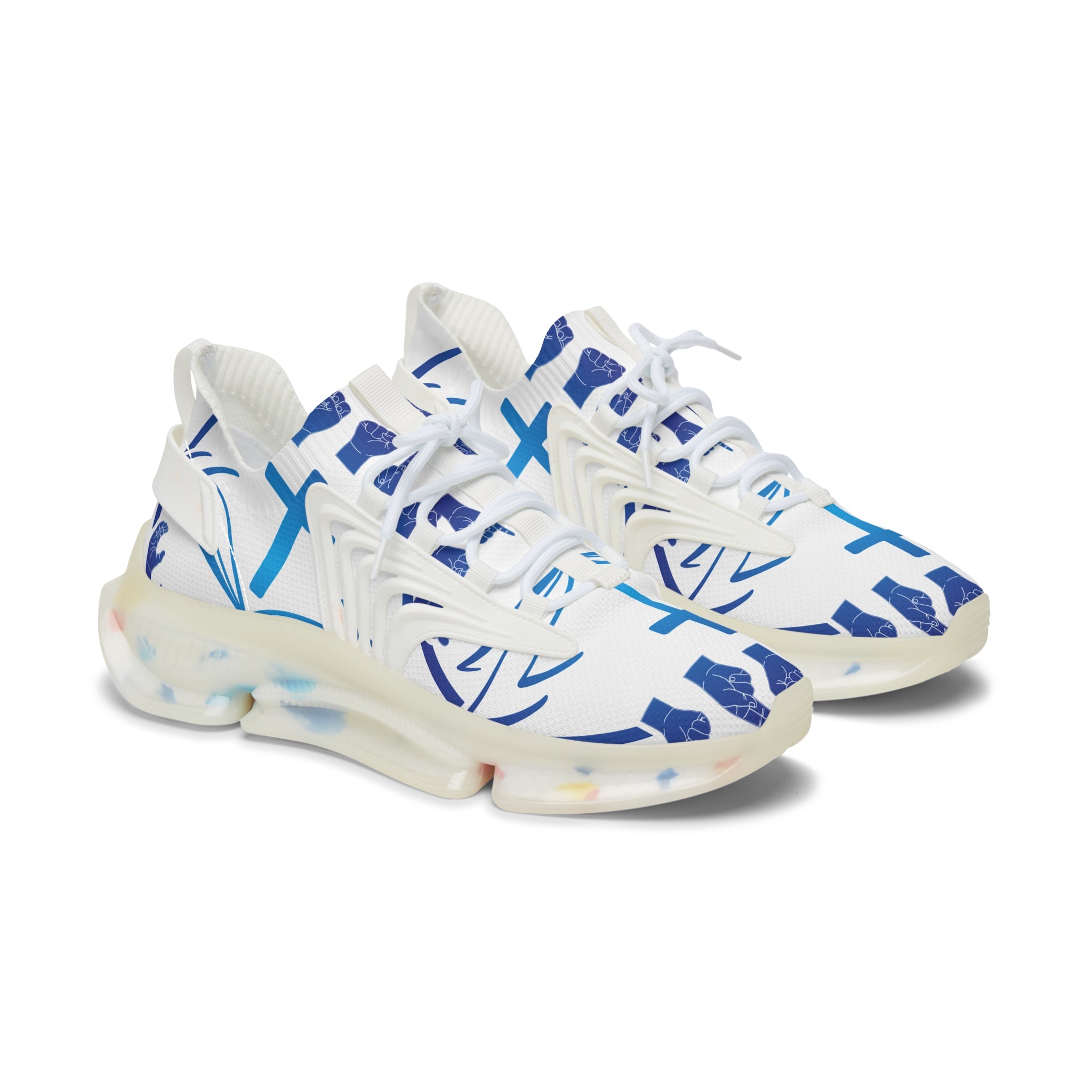 Women's White Mesh Sneakers — "Sign Language Jesus Christ "Lightweight Breathable Athletic Shoes with Color-Speckled Sole