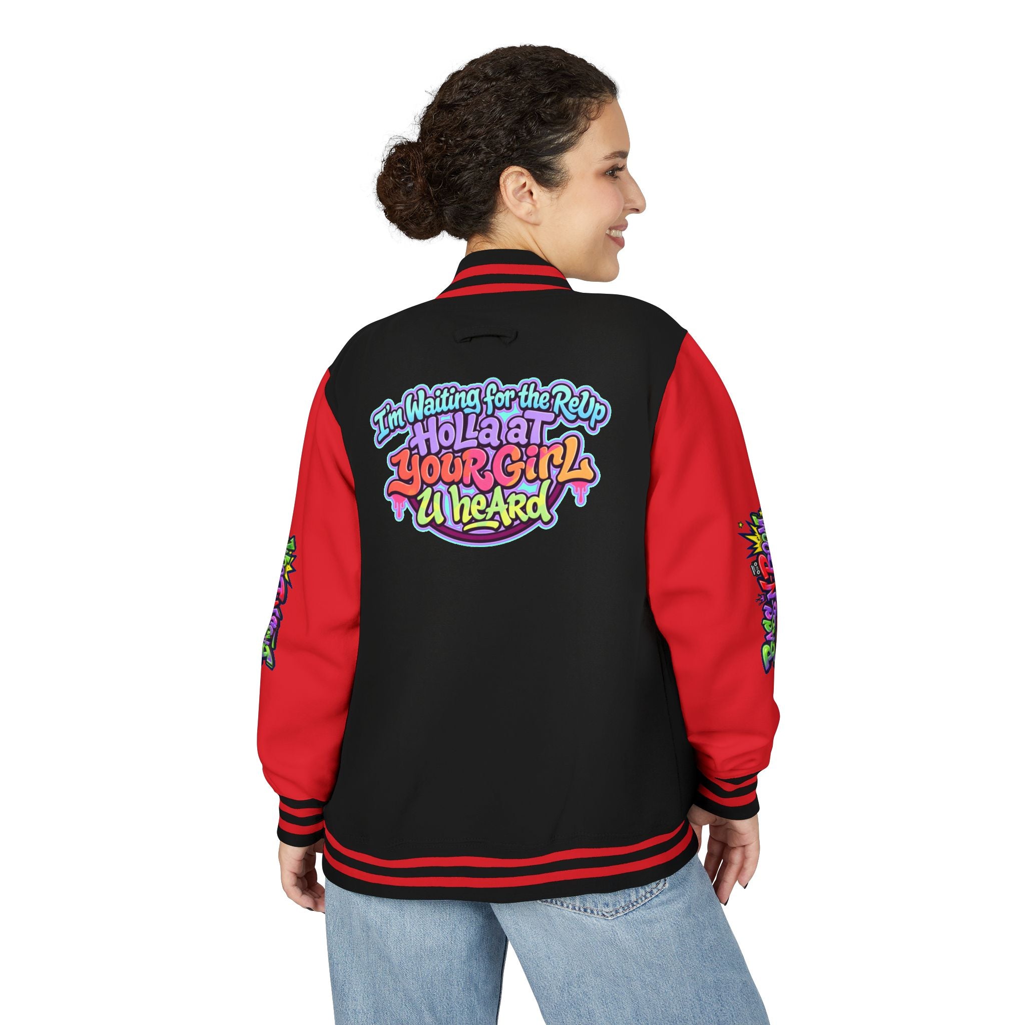 Letterman Jacket — "I'm Waiting For The Reup" Colorful Retro Hip‑Hop Varsity