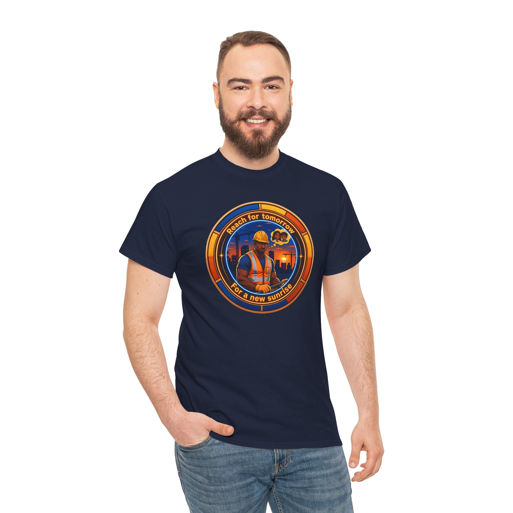 Construction Worker Sunset Tee — “Reach for Tomorrow ” Safety Crew T-Shirt