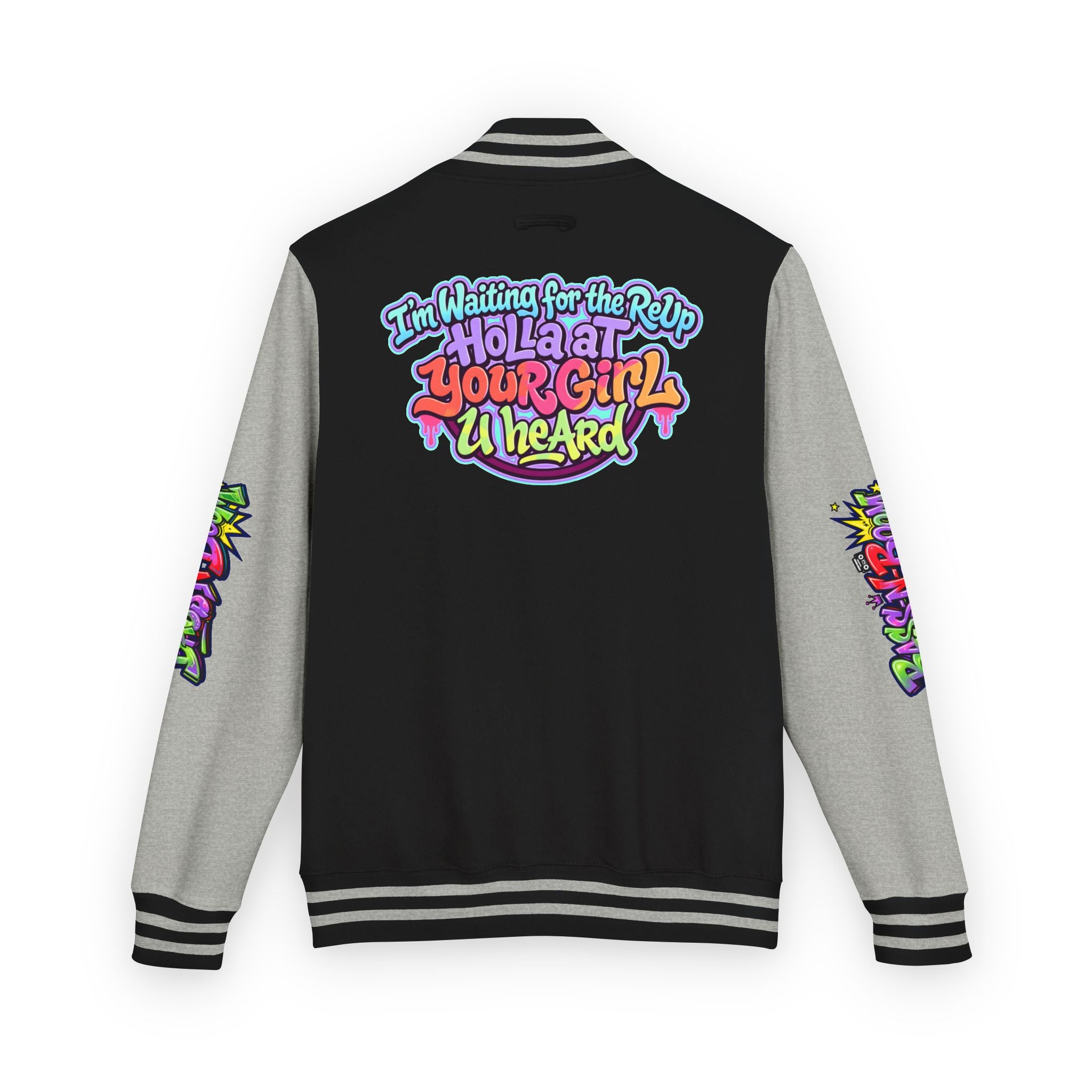 Letterman Jacket — "I'm Waiting For The Reup" Colorful Retro Hip‑Hop Varsity