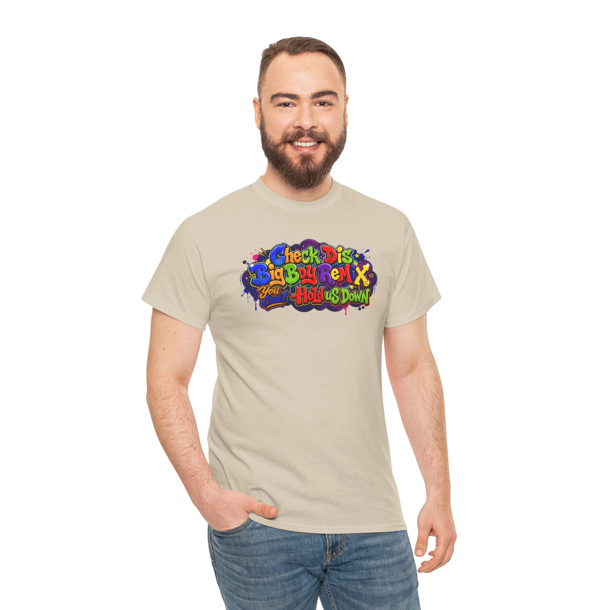 Graphic Tee — Colorful 'Check Dis Big Boy Remix' Retro Street Art T-Shirt