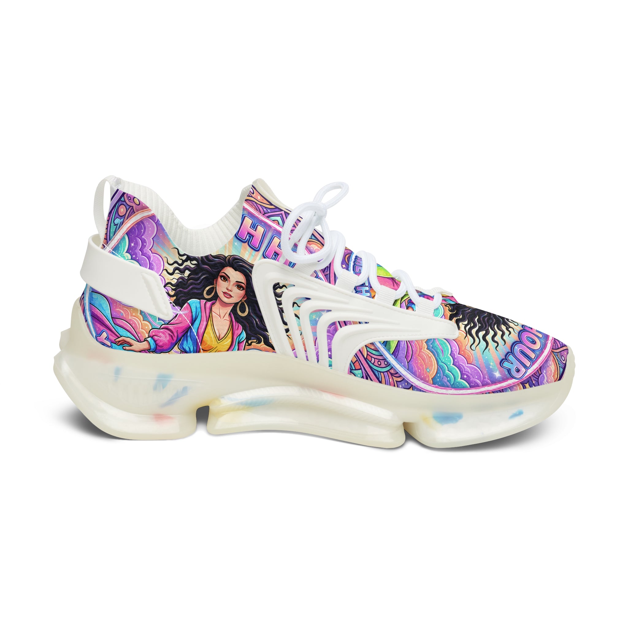 Mesh Sneakers — "Rush Hour "Vibrant Boho Goddess Graphic Women’s Athletic Shoes
