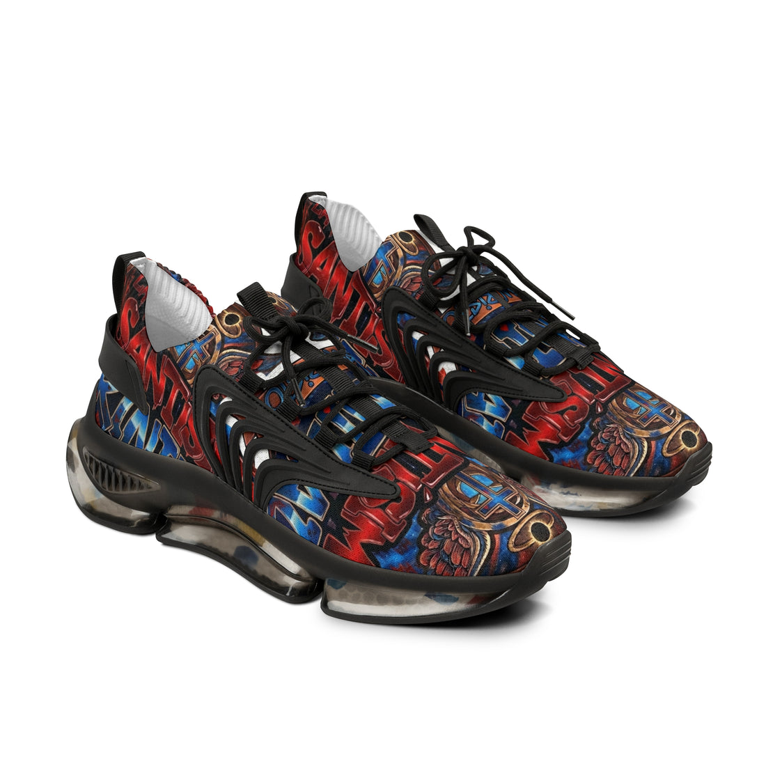 Men's Abstract Red Blue Athletic Sneakers — "La Santísima Tranidad"  Bold Pattern Mesh Running Shoes