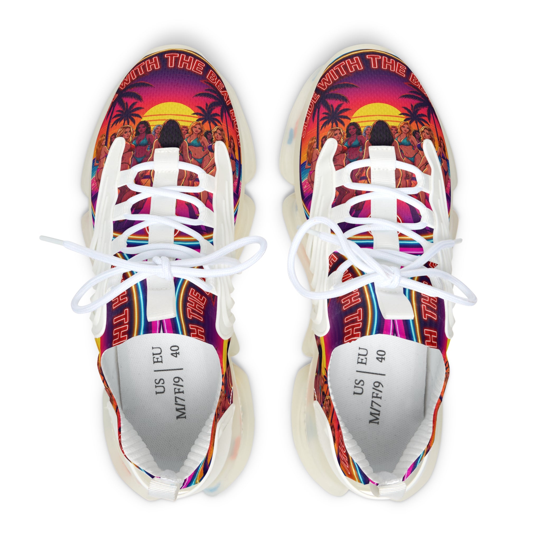 Women's Mesh Sneakers —"Slide With The Beat Now "Vibrant Retro Sunset Graphic Trainers
