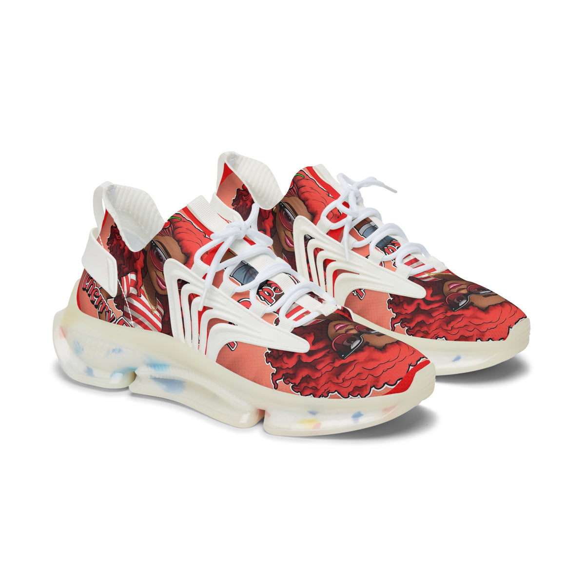 Red Curly-Haired Girl Athletic Sneakers — " Cherry Red Girl "Women's Fashion Mesh Shoes
