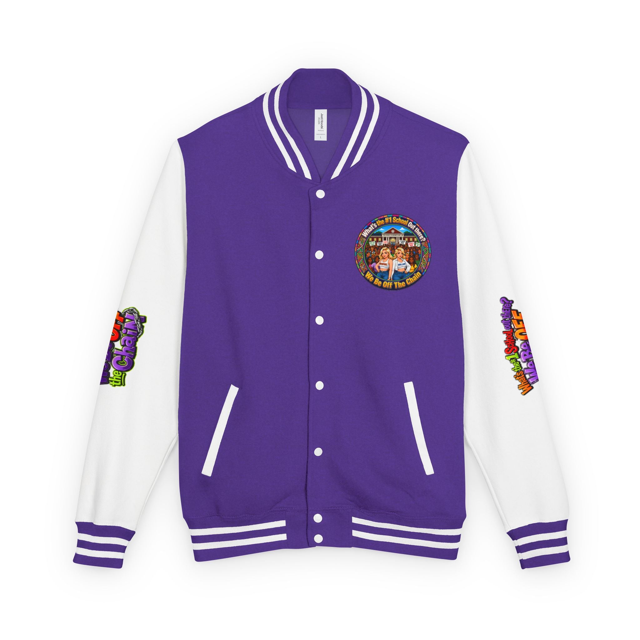 Letterman Jacket — Colorful School Spirit "We Be Off The Chain" Varsity Jacket