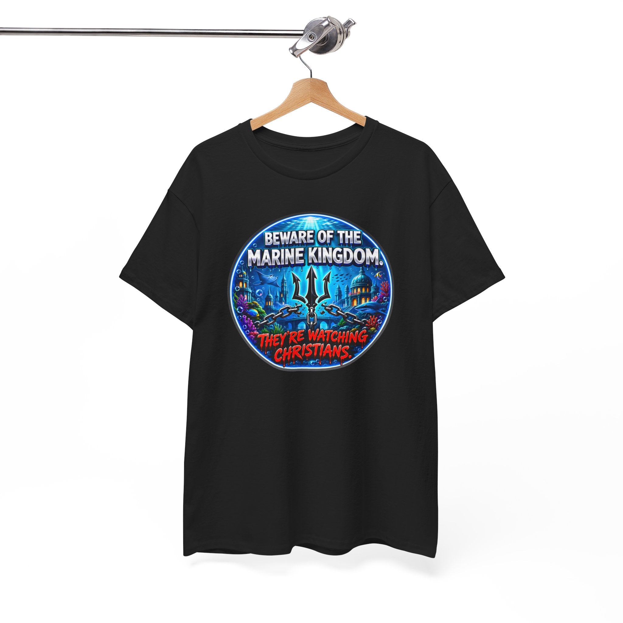 T‑Shirt — "Beware of the Marine Kingdom: They're Watching Christians" Vintage Ocean Graphic