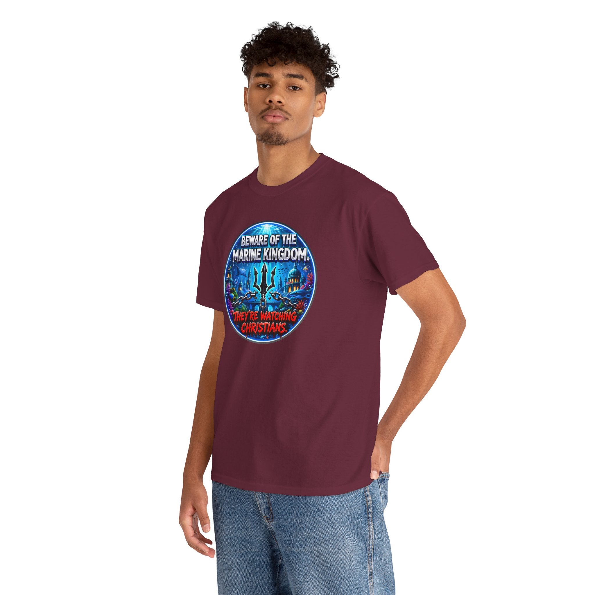 T‑Shirt — "Beware of the Marine Kingdom: They're Watching Christians" Vintage Ocean Graphic
