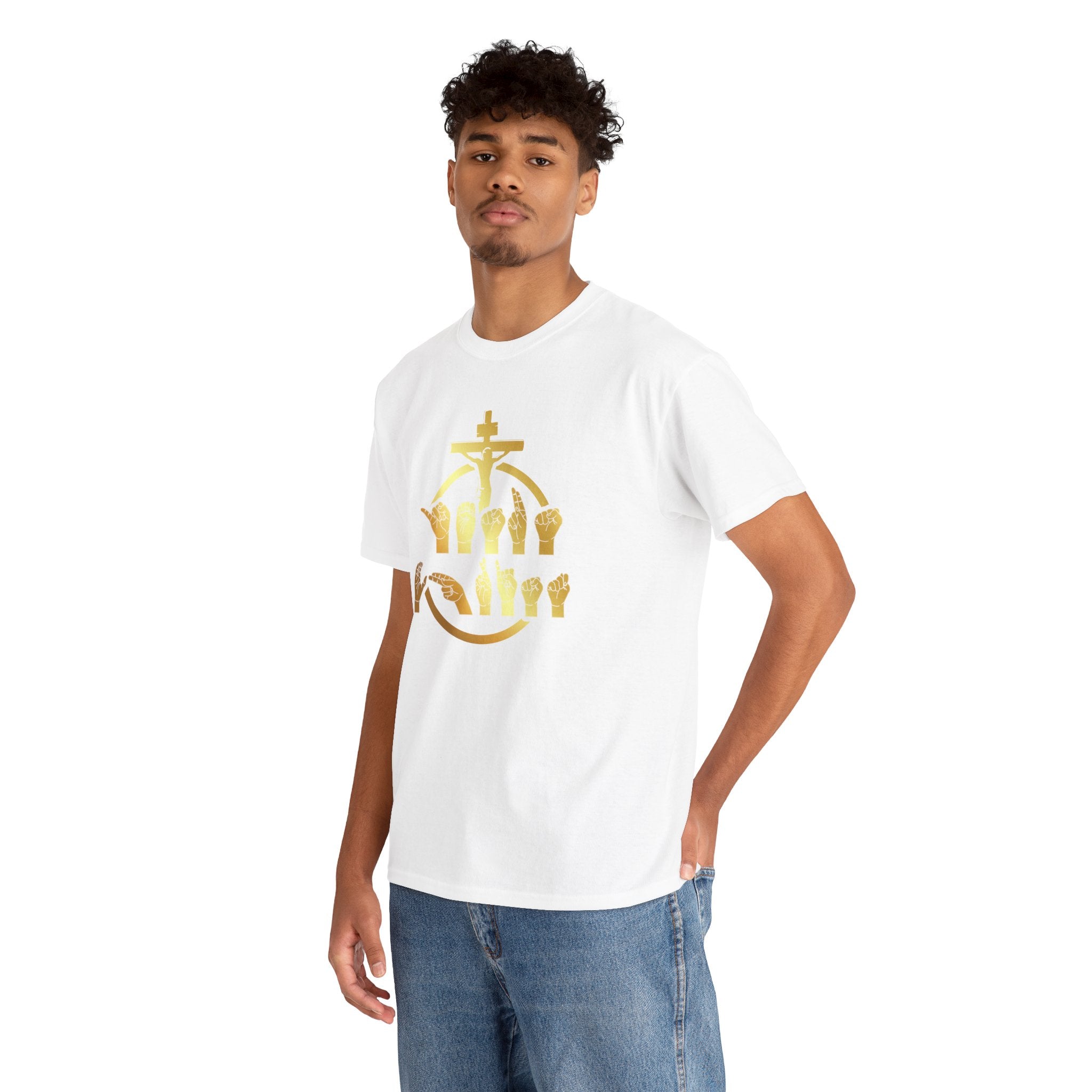 Christian Cross & Praying Hands T-Shirt — Gold Faith Design