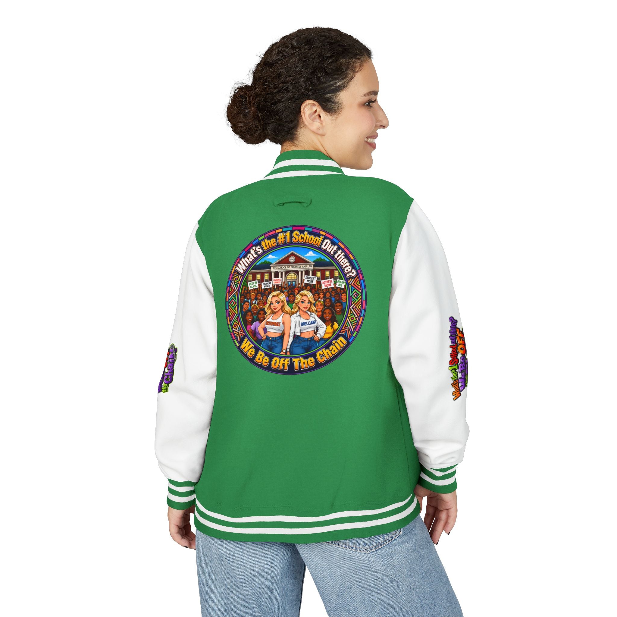 Letterman Jacket — Colorful School Spirit "We Be Off The Chain" Varsity Jacket