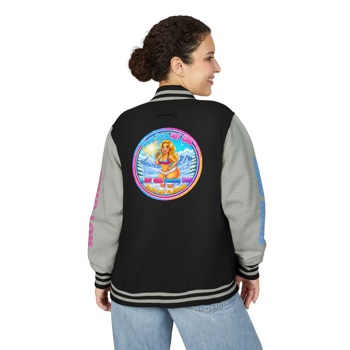 Angel Pinup Letterman Jacket — "Snowcone Hot Girl " Graphic Varsity Jacket