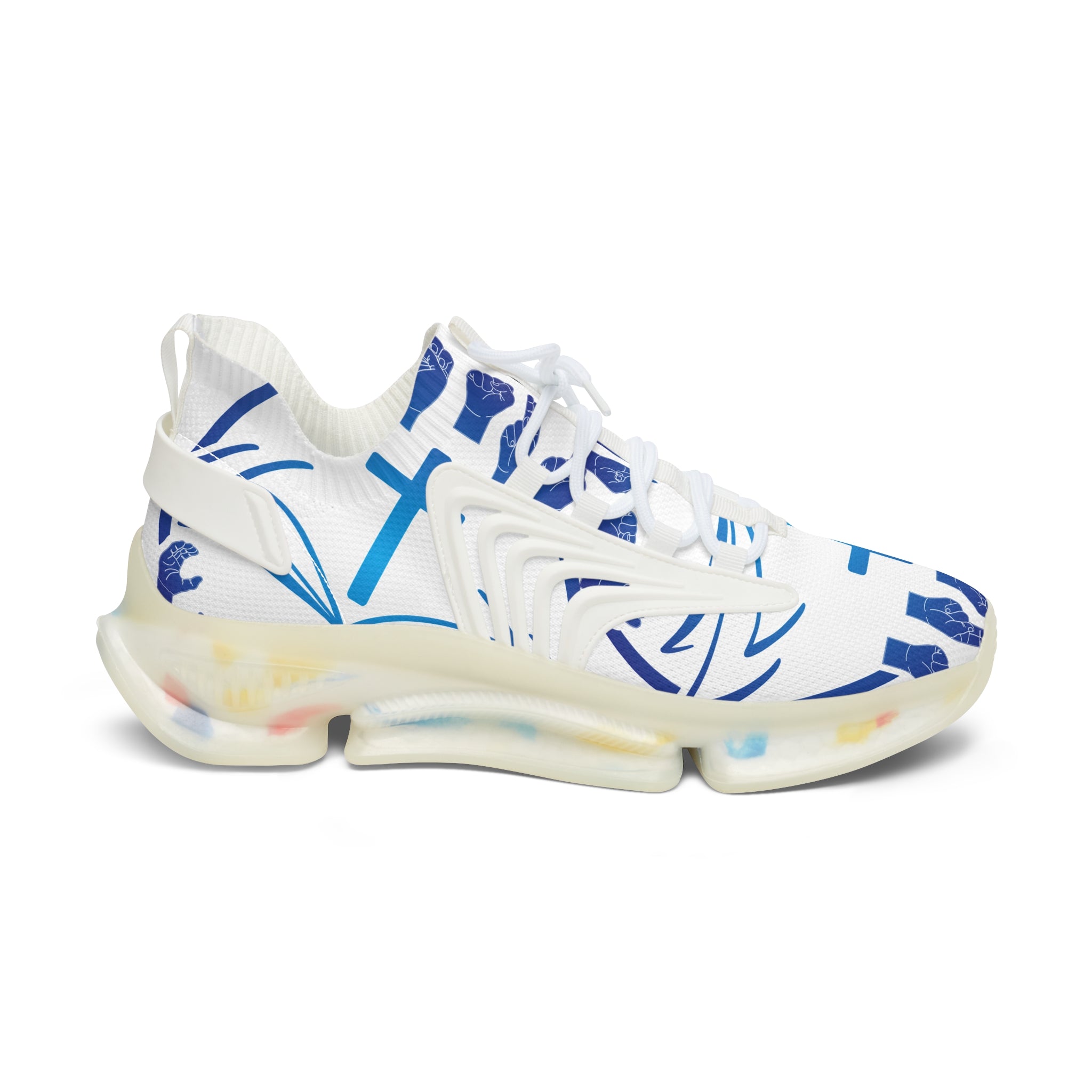 Women's White Mesh Sneakers — "Sign Language Jesus Christ "Lightweight Breathable Athletic Shoes with Color-Speckled Sole