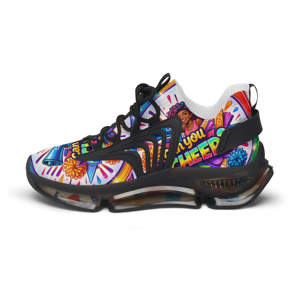 Women's Cheerleader Graphic Mesh Sneakers — "Can You Cheer?" Colorful Athletic Shoes